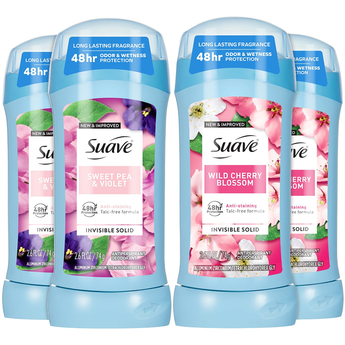 Suave antiperspirant Wild Cherry Blossom stick in use for quick, dry protection