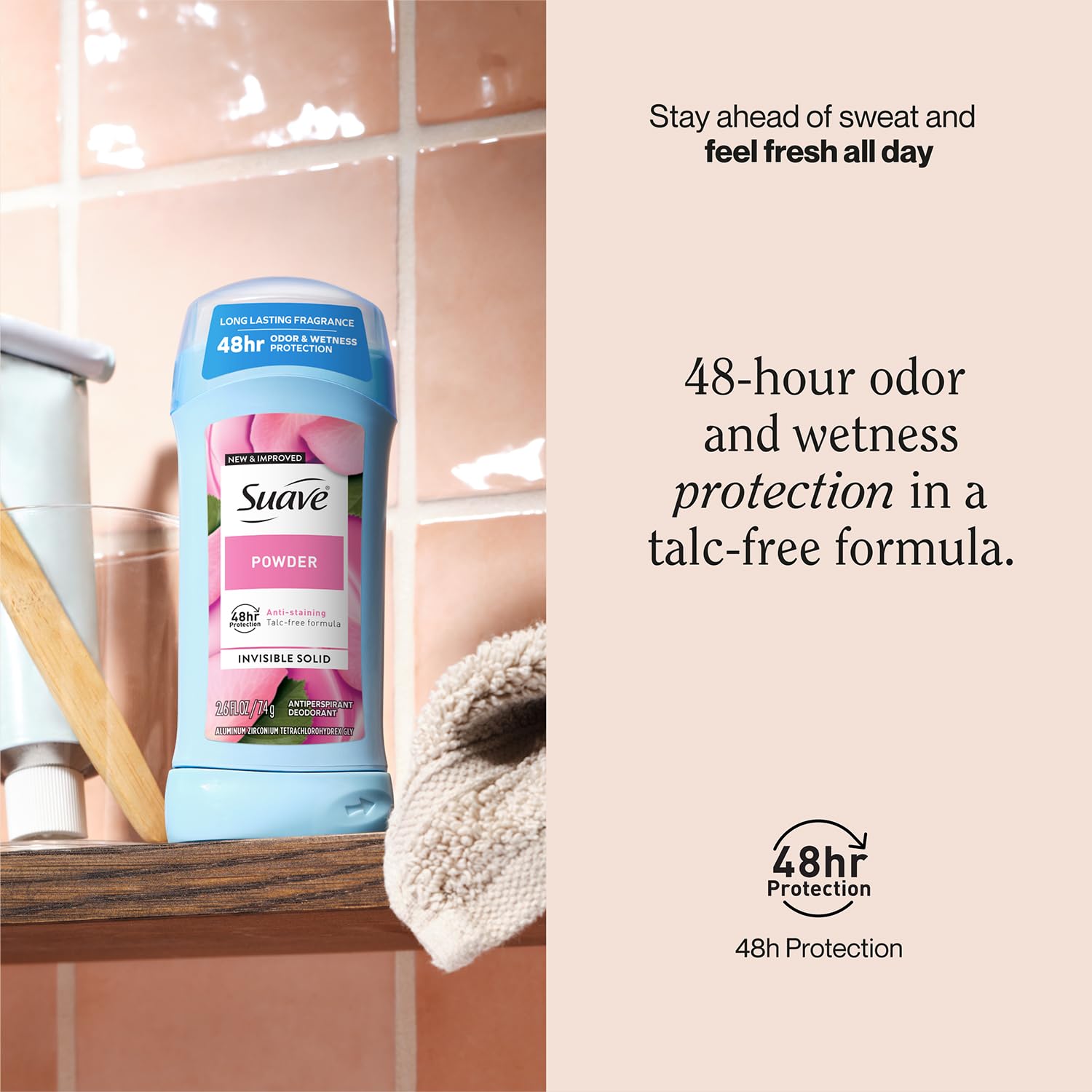 Suave antiperspirant women powder 4-pack box for value and convenience.