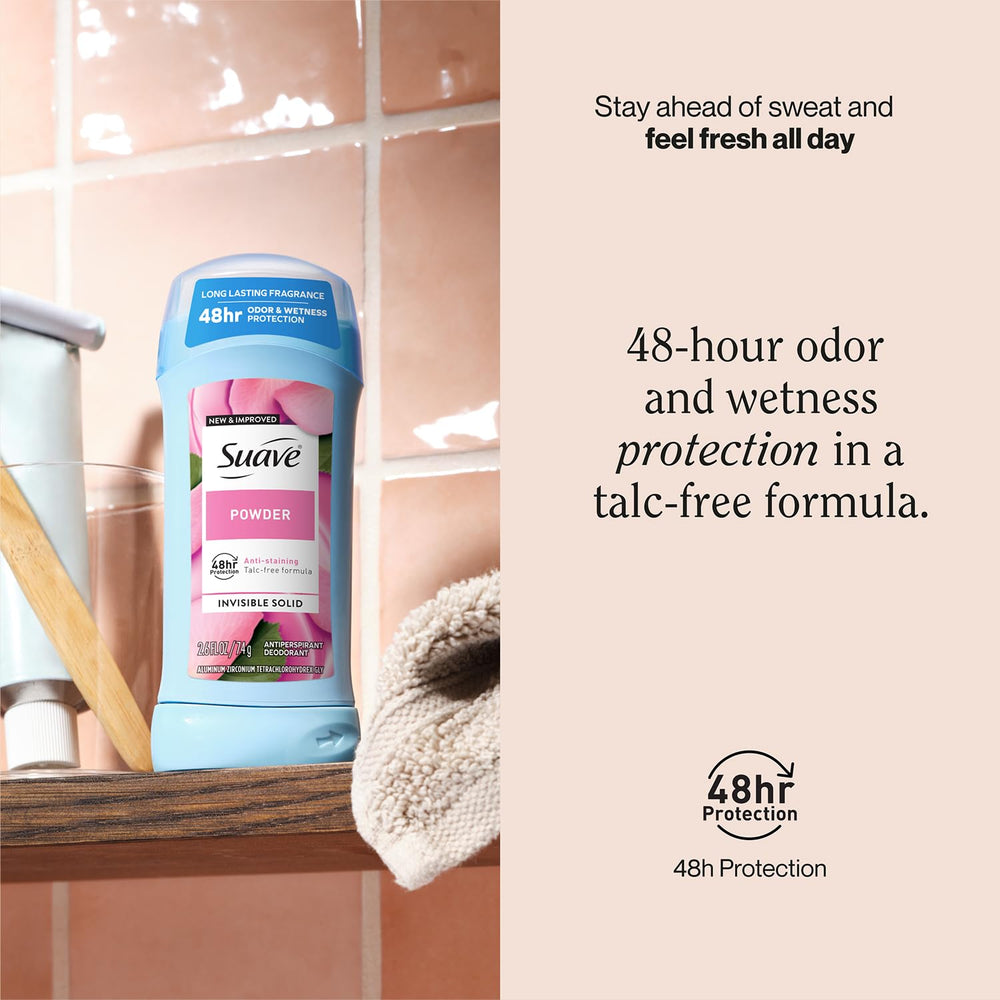 Suave antiperspirant women powder 4-pack box for value and convenience.