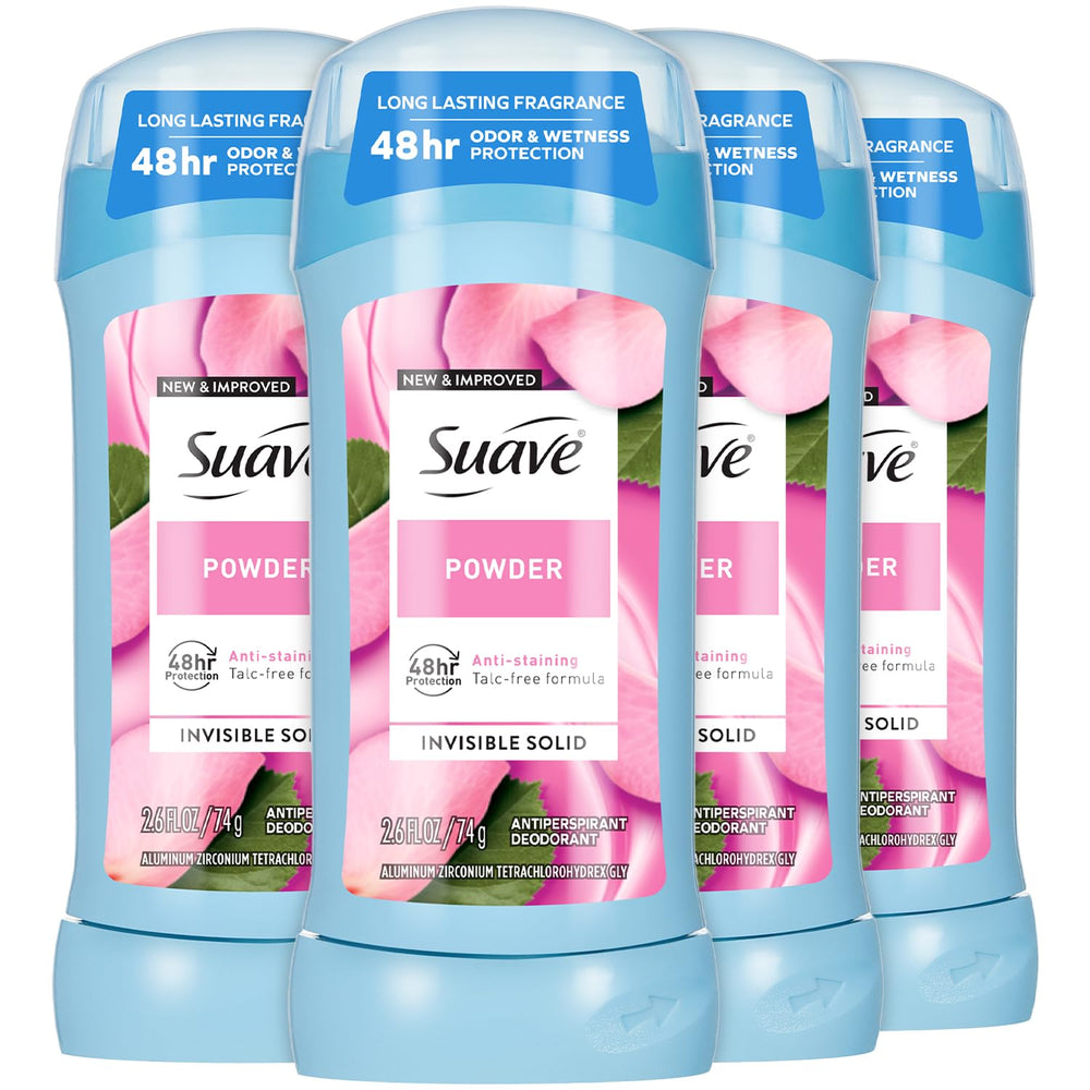 Suave antiperspirant powder bottle showcases 48-hour protection for daily wear.