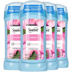 Suave antiperspirant powder bottle showcases 48-hour protection for daily wear.