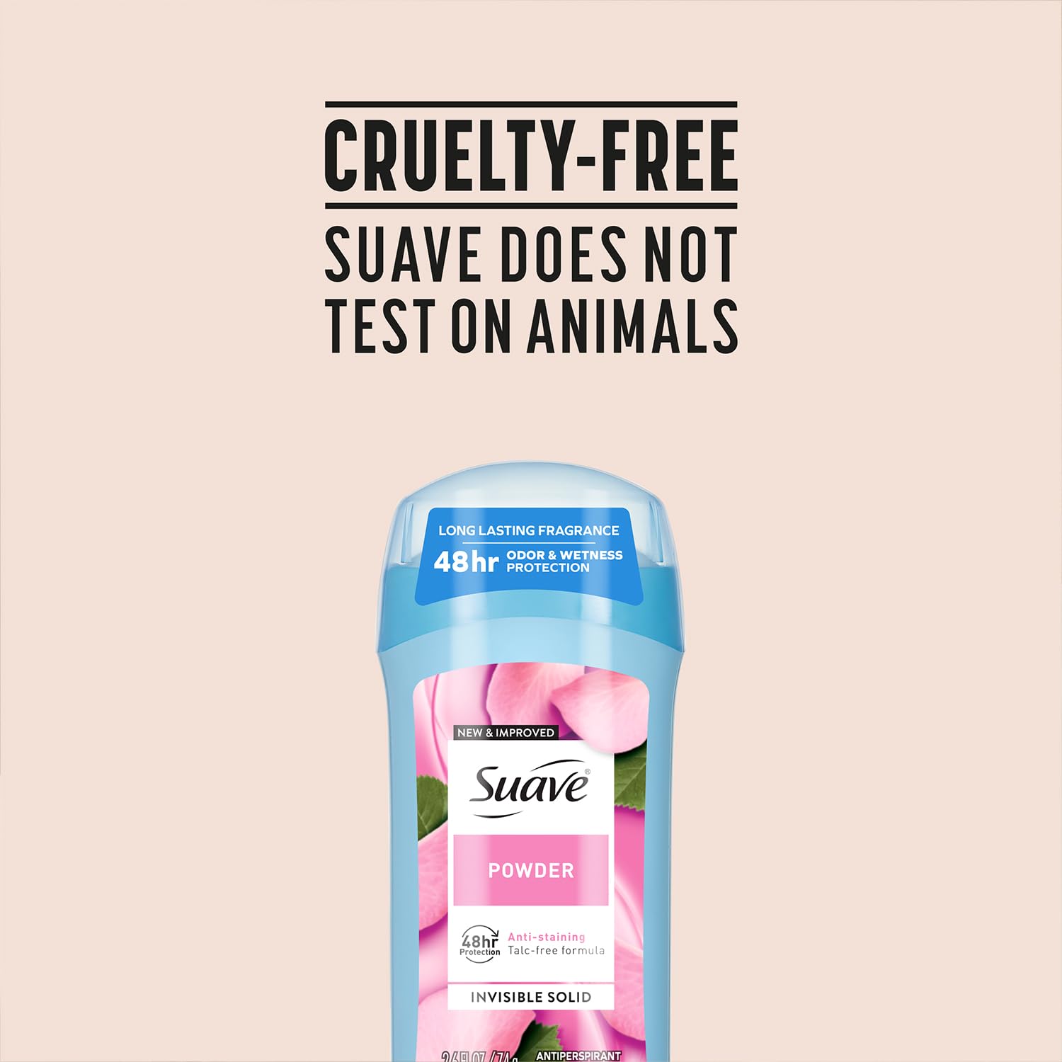 Suave antiperspirant powder for daily routine suggests all-day confidence.