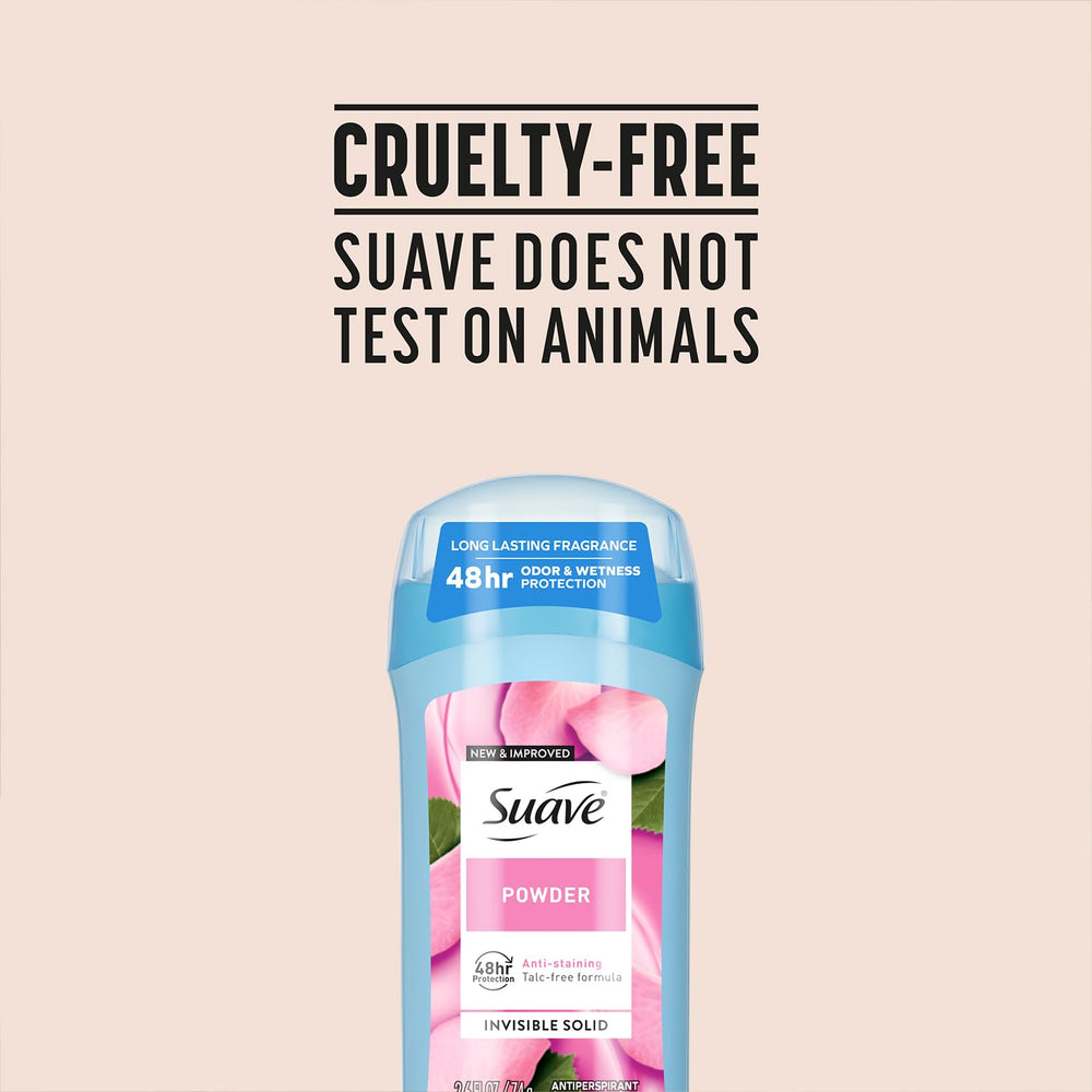 Suave antiperspirant powder for daily routine suggests all-day confidence.