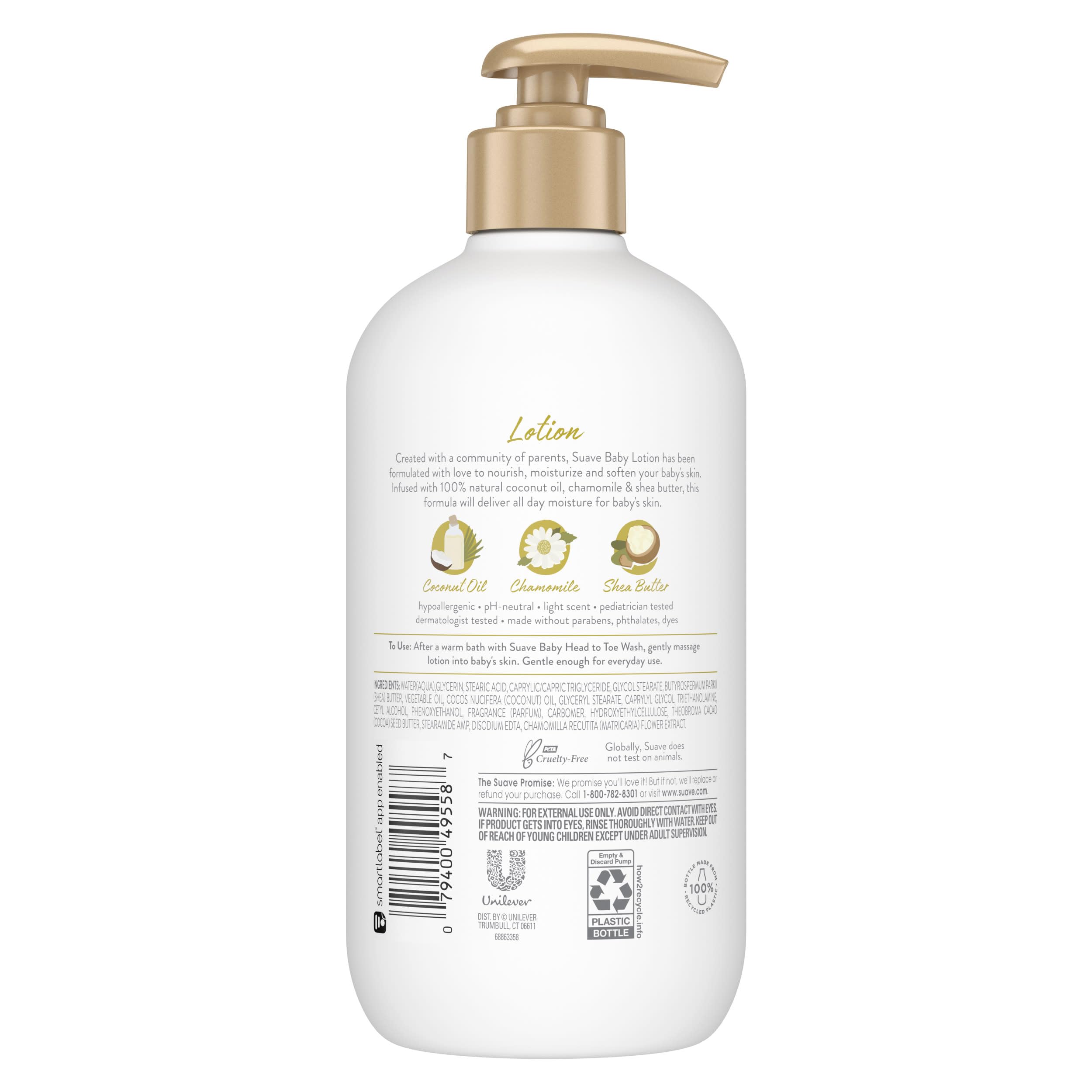 Suave Baby Lotion emits a light scent of milk, coconut and chamomile for gentle pampering.