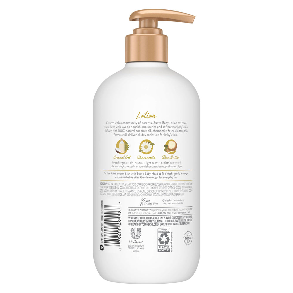 Suave Baby Lotion emits a light scent of milk, coconut and chamomile for gentle pampering.