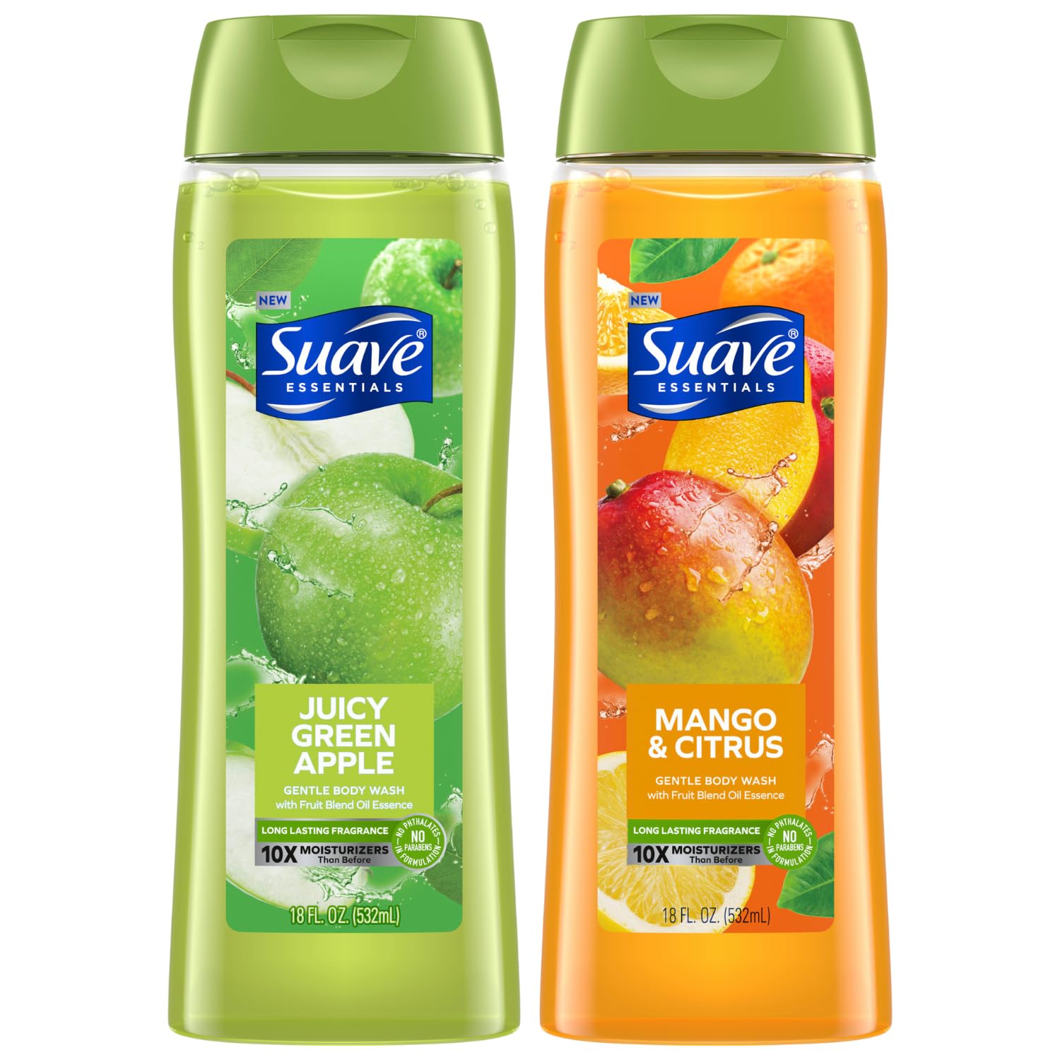 Suave Green Apple body wash bottle shows refreshing scent for daily cleansing.