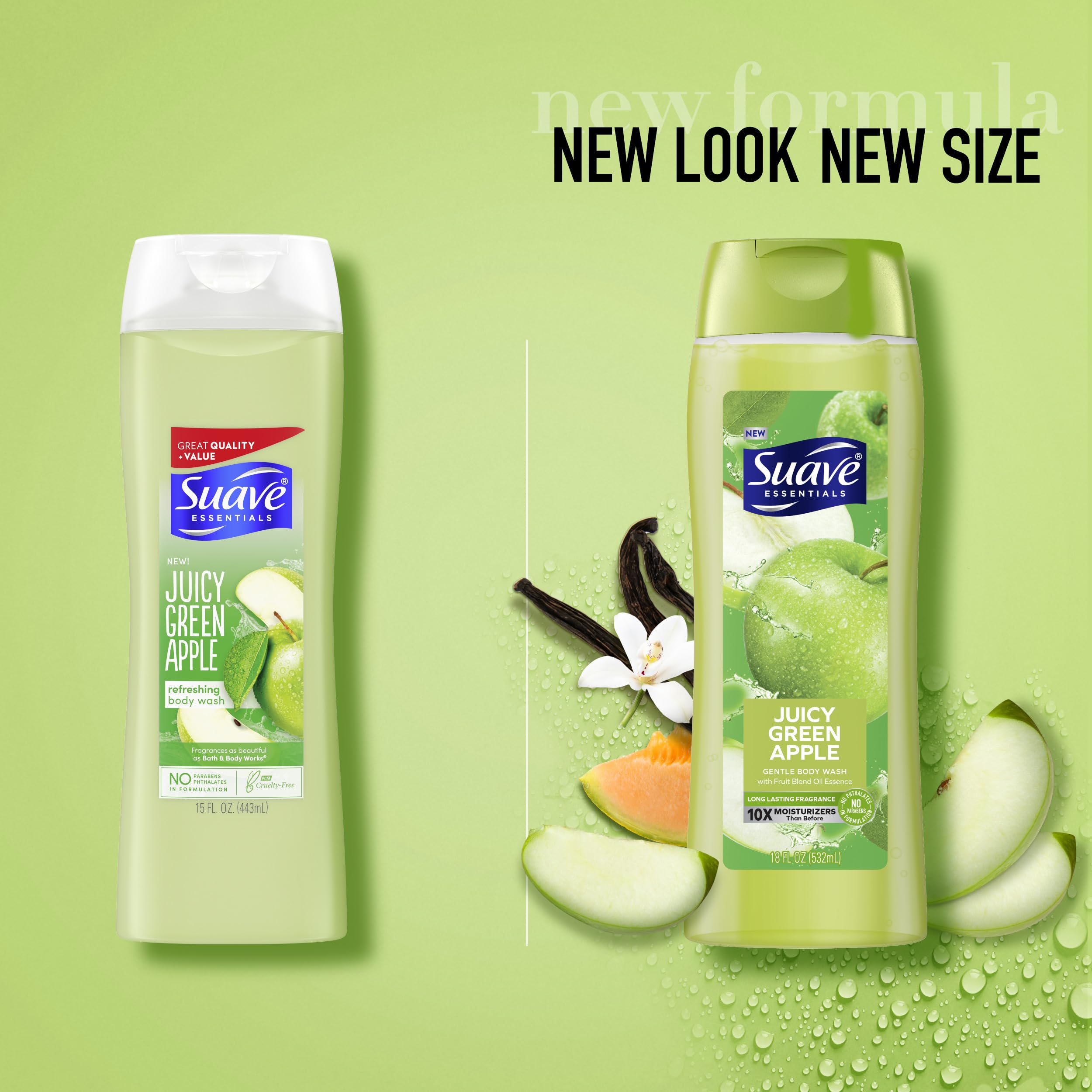 Suave Green Apple lather demonstrates creamy moisture for soft, hydrated skin.