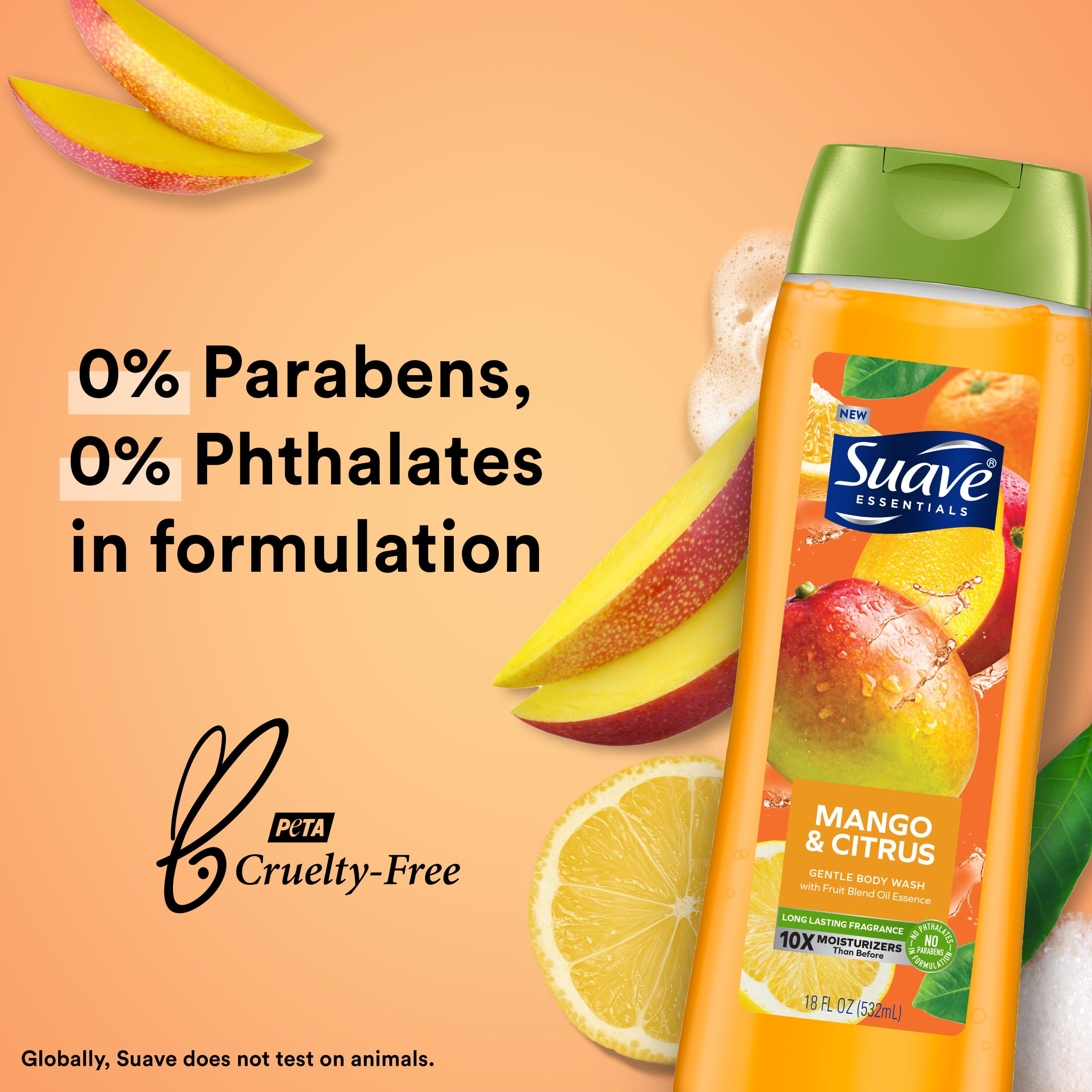 Suave Mango Citrus bubble bath scene emphasizes long lasting fruity fragrance.