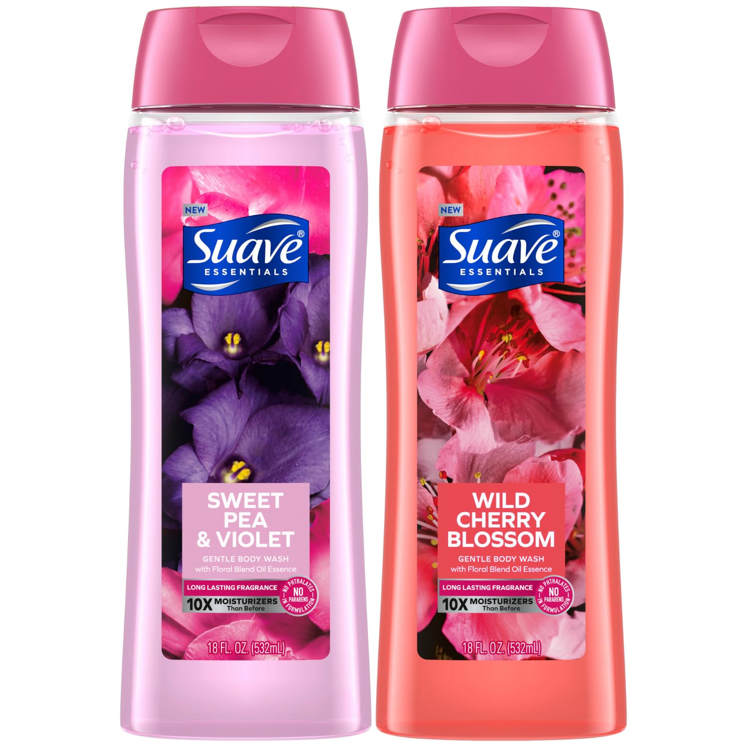 Suave body wash variety 2-pack front packaging with two eighteen-ounce bottles and gentle moisturizer.