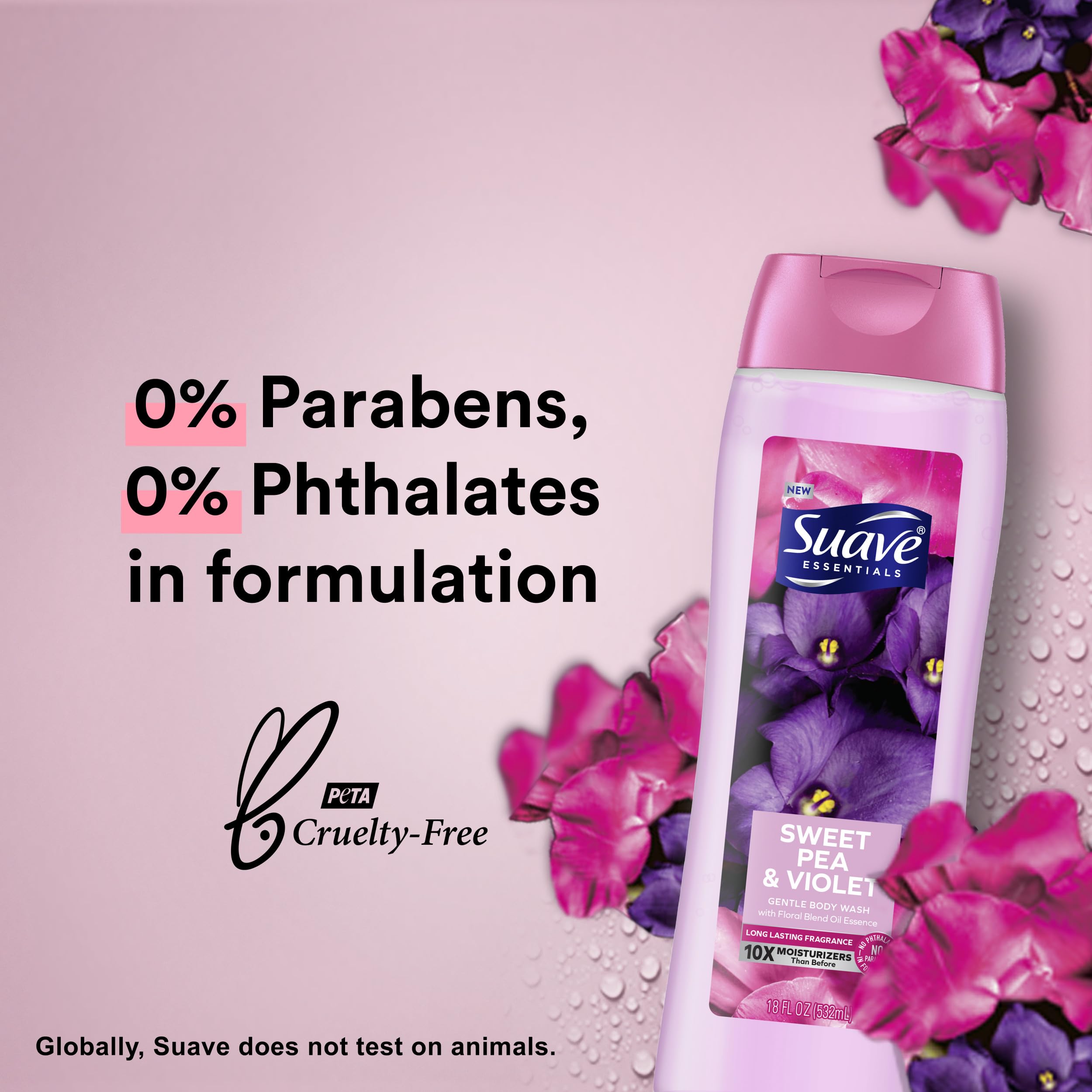 Suave Wild Cherry Blossom bottle close-up with fragrant, refreshing bath aroma.