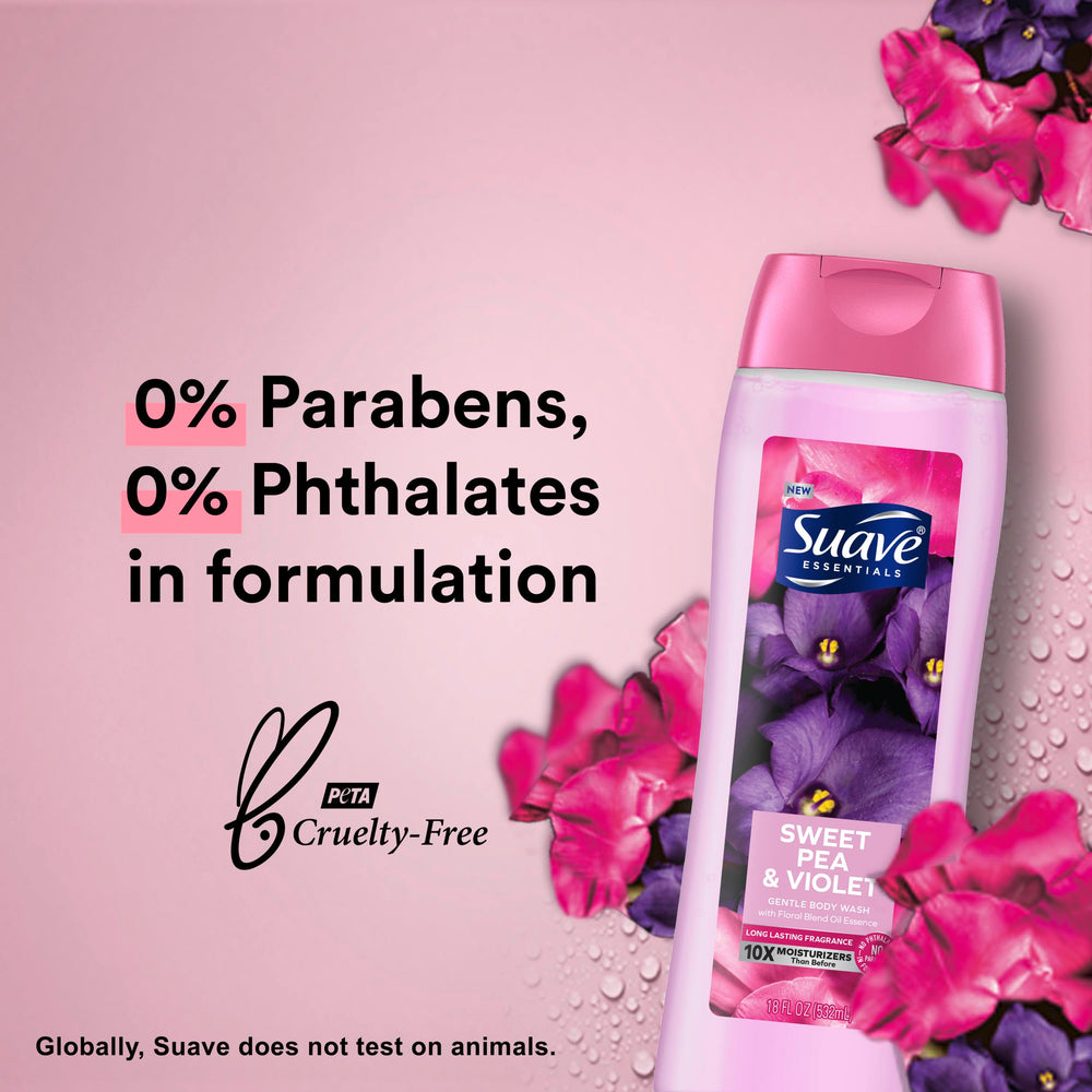 Suave Wild Cherry Blossom bottle close-up with fragrant, refreshing bath aroma.