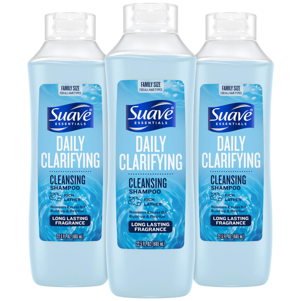 Suave Clarifying Shampoo bottle pour demonstrates quick cleanse for buildup relief