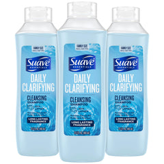 Suave Clarifying Shampoo bottle pour demonstrates quick cleanse for buildup relief