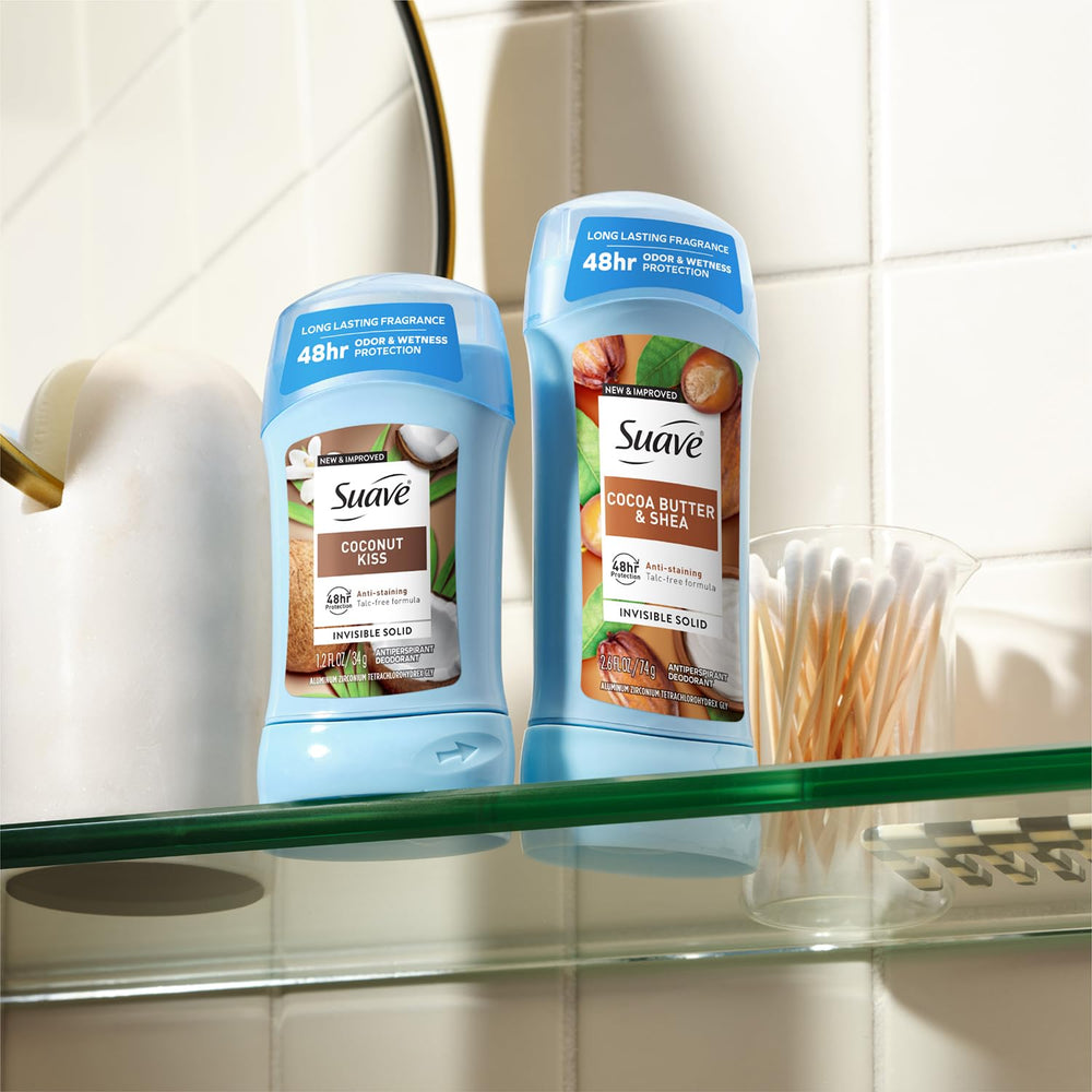 Suave Coconut Kiss talc-free formula claim highlights skin-friendly protection.