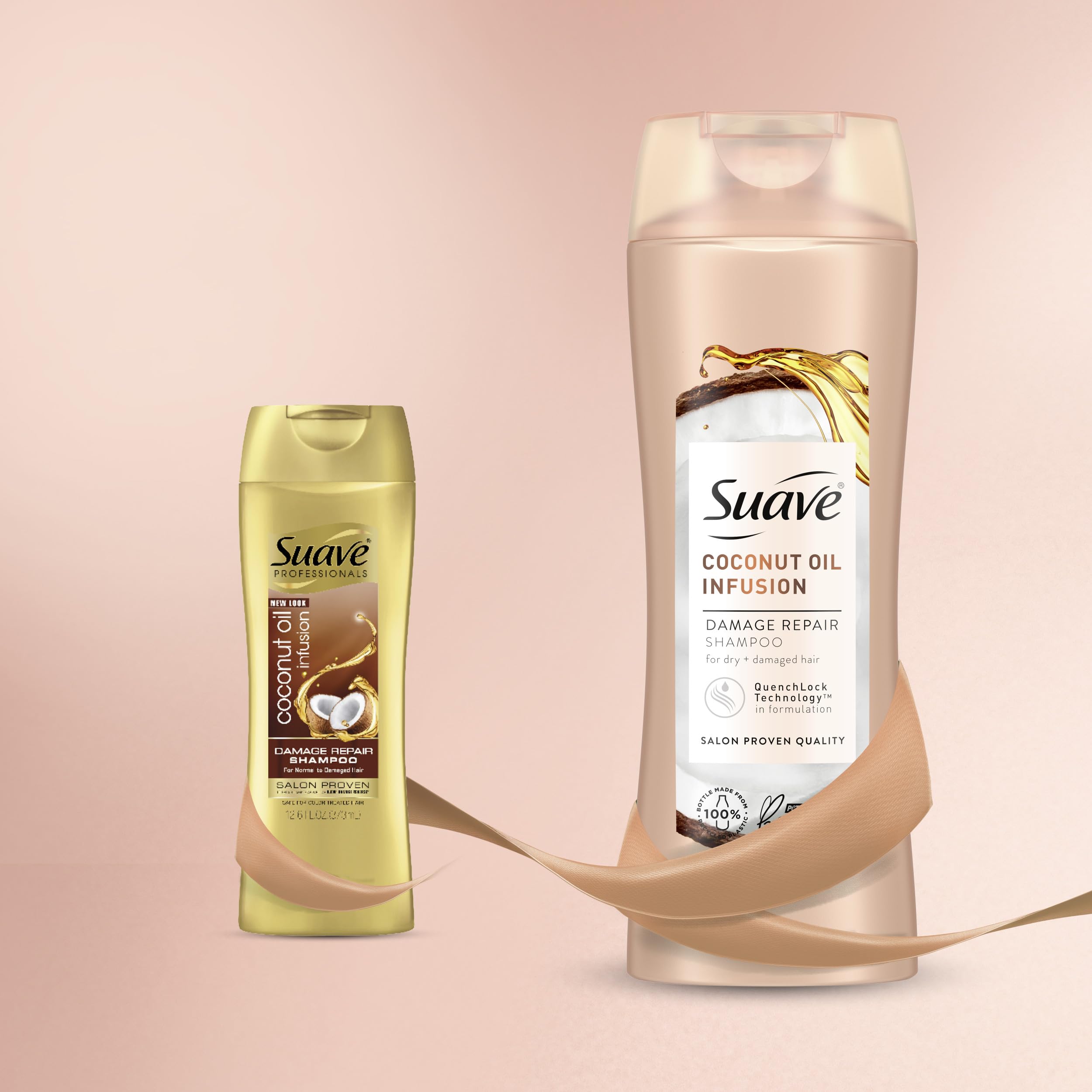 Suave Coconut Oil Infusion set packaging on bathroom shelf for at-home care