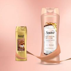 Suave Coconut Oil Infusion set packaging on bathroom shelf for at-home care