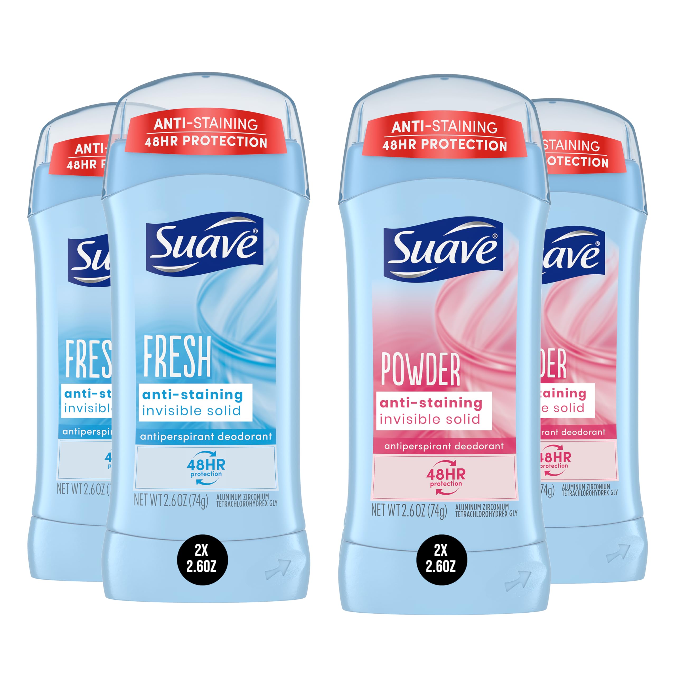 Suave Deodorant Women bundle packaging shows 4 x 2.6 oz for daily freshness.