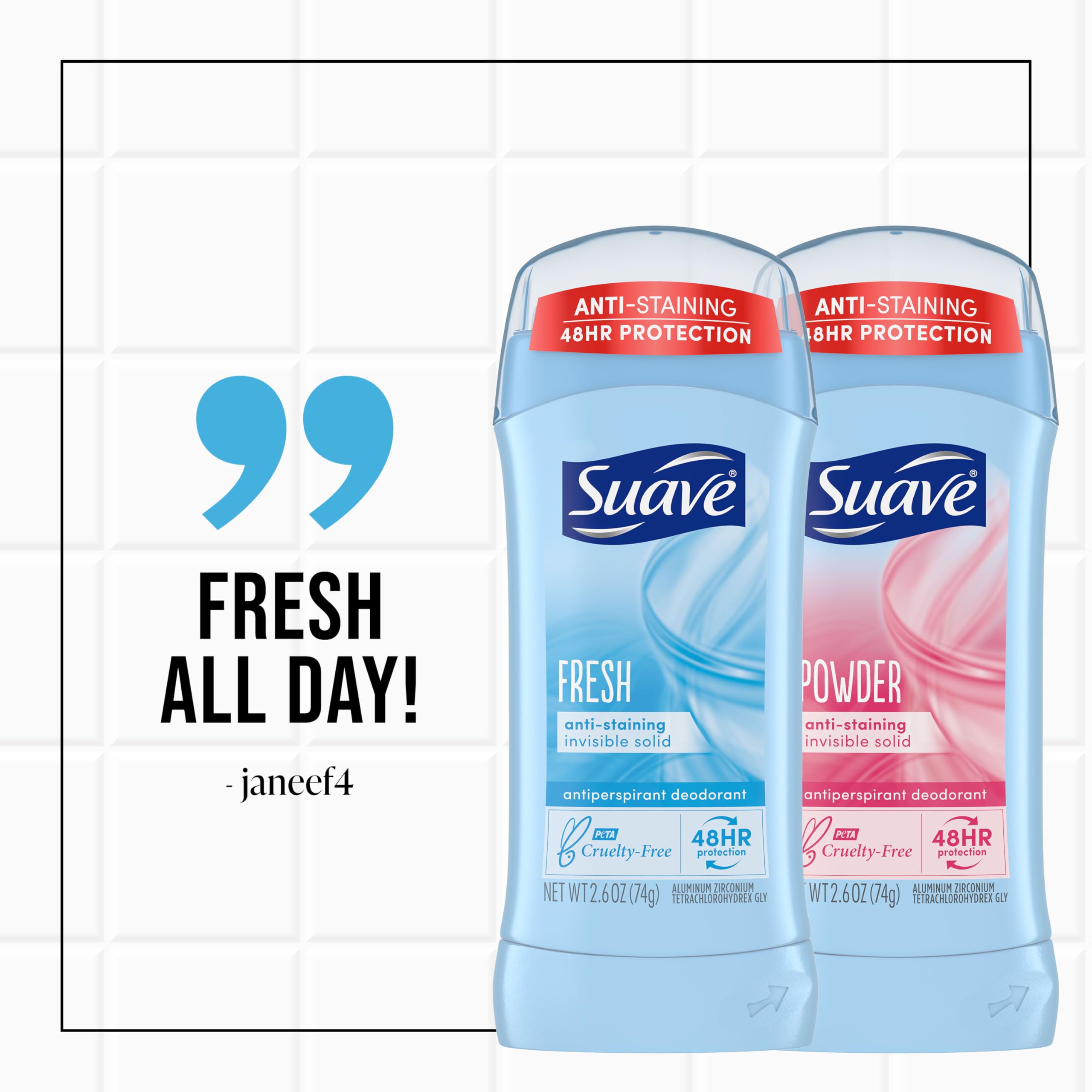 Suave Deodorant Women parabens and dyes-free formula for gentle wear.