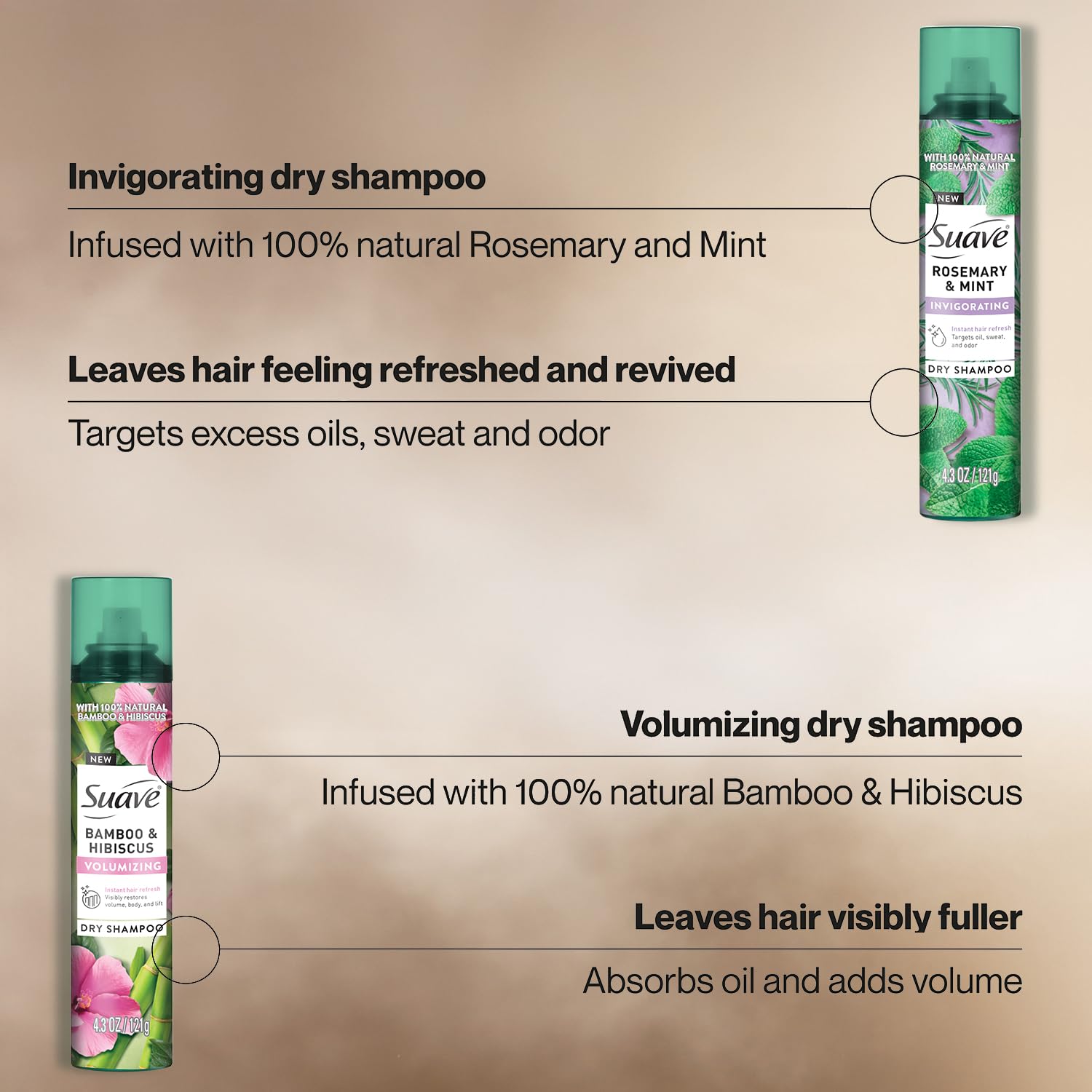 Suave dry shampoo bamboo hibiscus bottle emphasizes volumizing formula for lifted roots