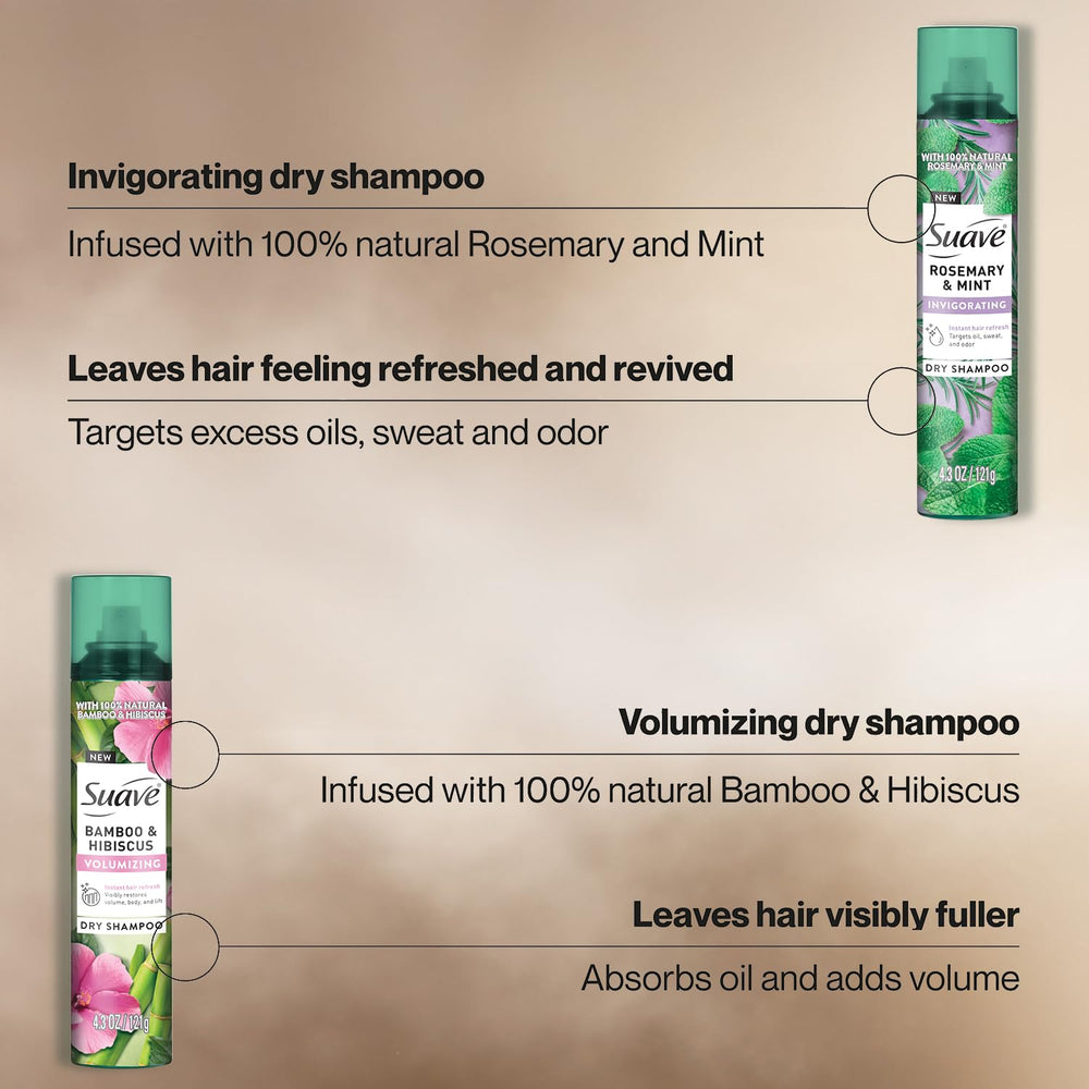 Suave dry shampoo bamboo hibiscus bottle emphasizes volumizing formula for lifted roots
