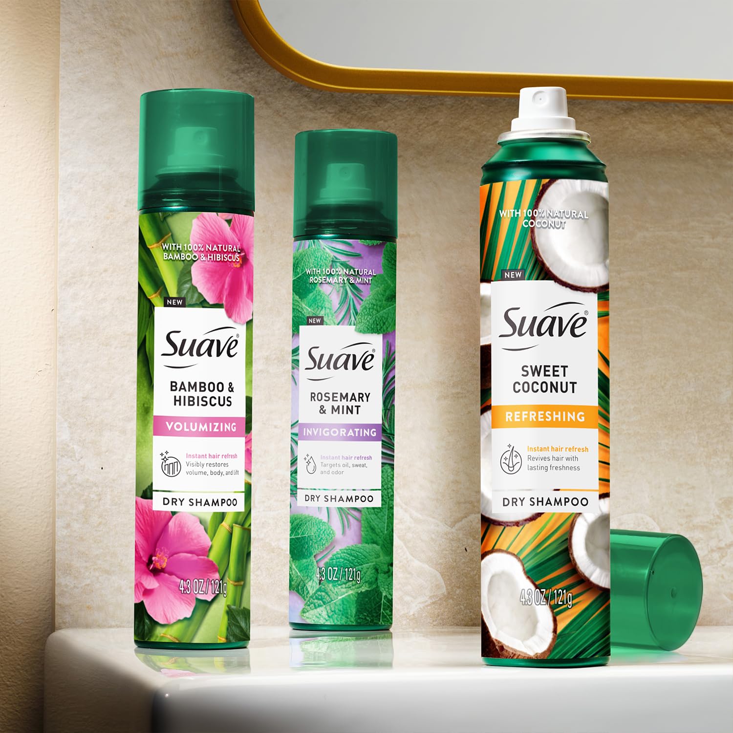 Suave dry shampoo uses natural ingredients to refresh scalp between washes