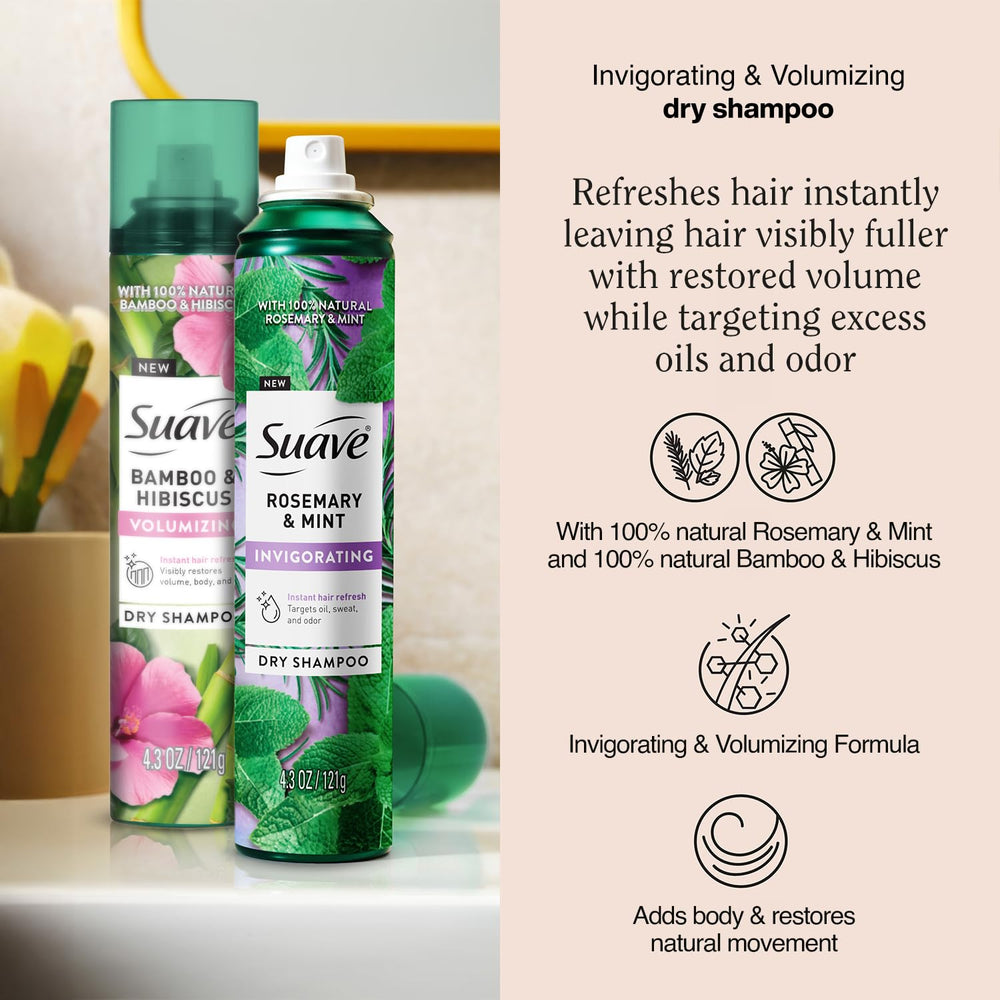 Suave dry shampoo rosemary mint spray demonstrates easy on-the-go application