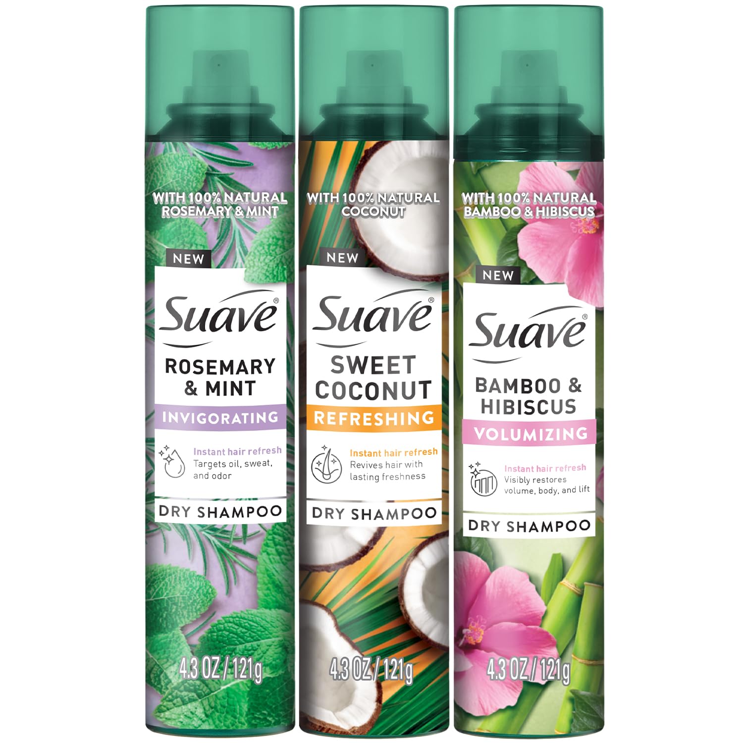 Suave dry shampoo spray variety pack front shows three formulas for quick hair refresh