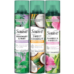 Suave dry shampoo spray variety pack front shows three formulas for quick hair refresh
