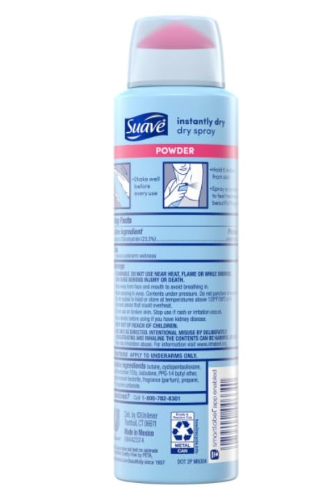 Suave Dry Spray Powder Fresh bottle shows even application and long-lasting freshness.