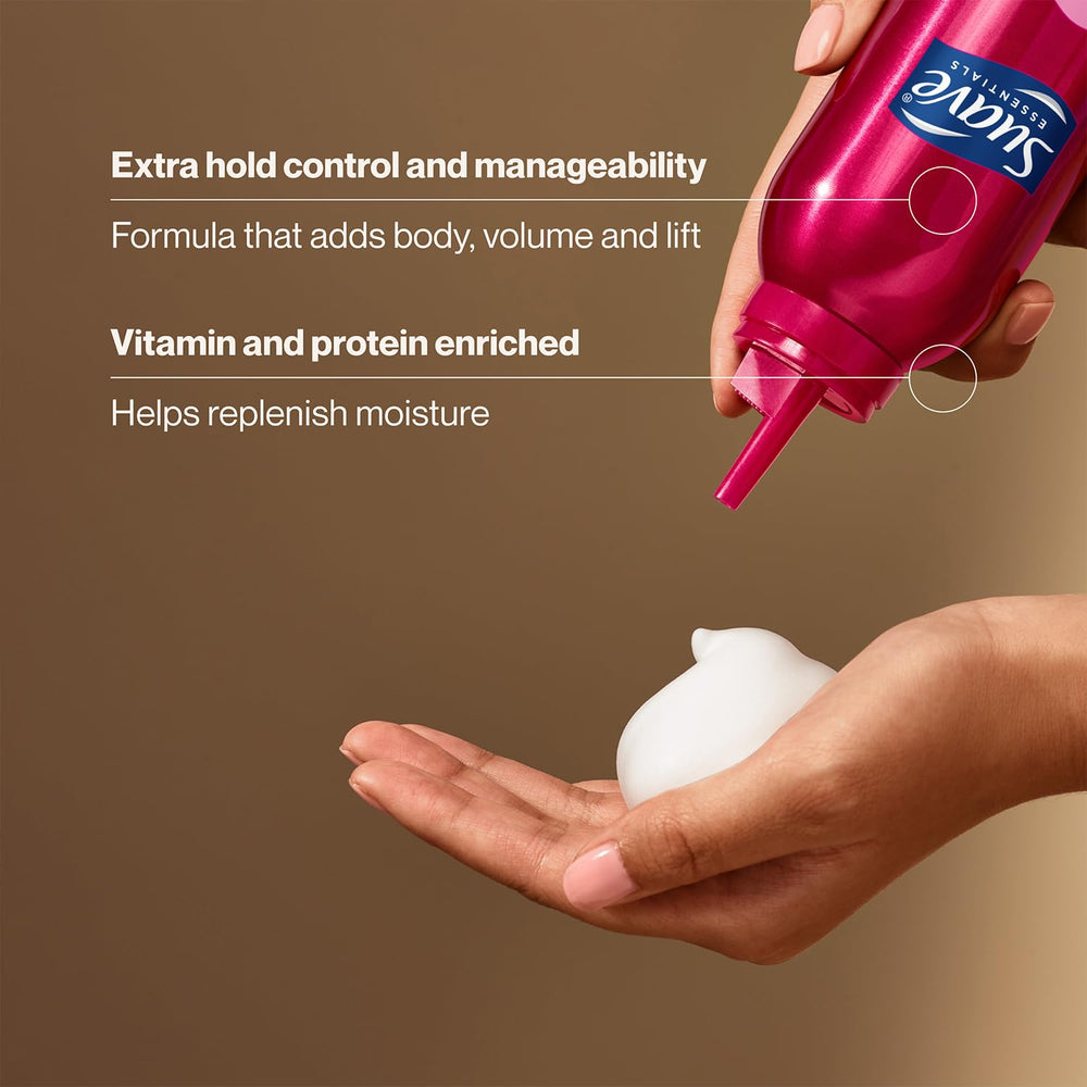 Suave extra hold mousse hair-texture highlights natural volume without stiffness.