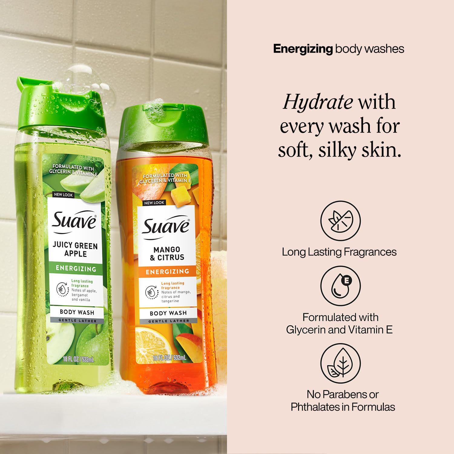 Suave Juicy Green Apple creamy lather showing softening effect