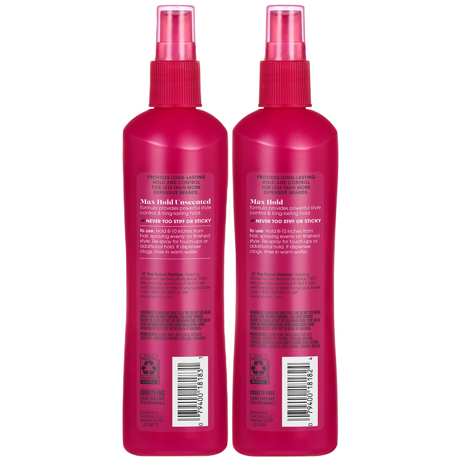 Suave Hairspray Max Hold dual-pack display shows scent options