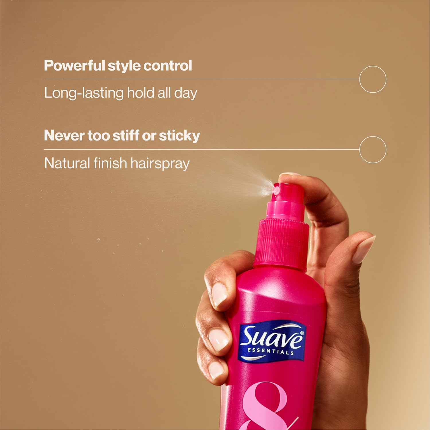 Suave Hairspray Max Hold nozzle dispenses even mist for precise styling