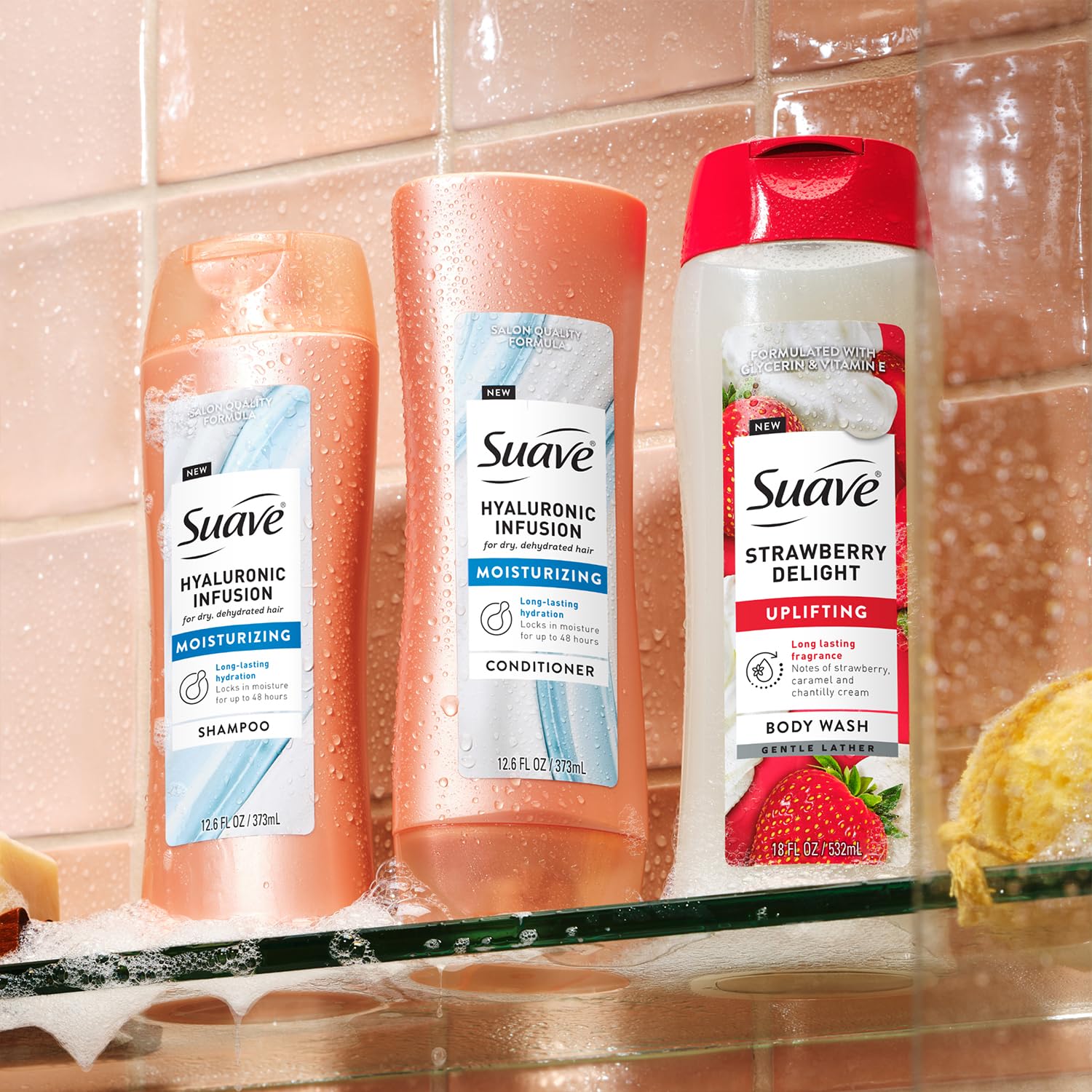 QuenchLock hydration concept highlighted on Suave packaging.