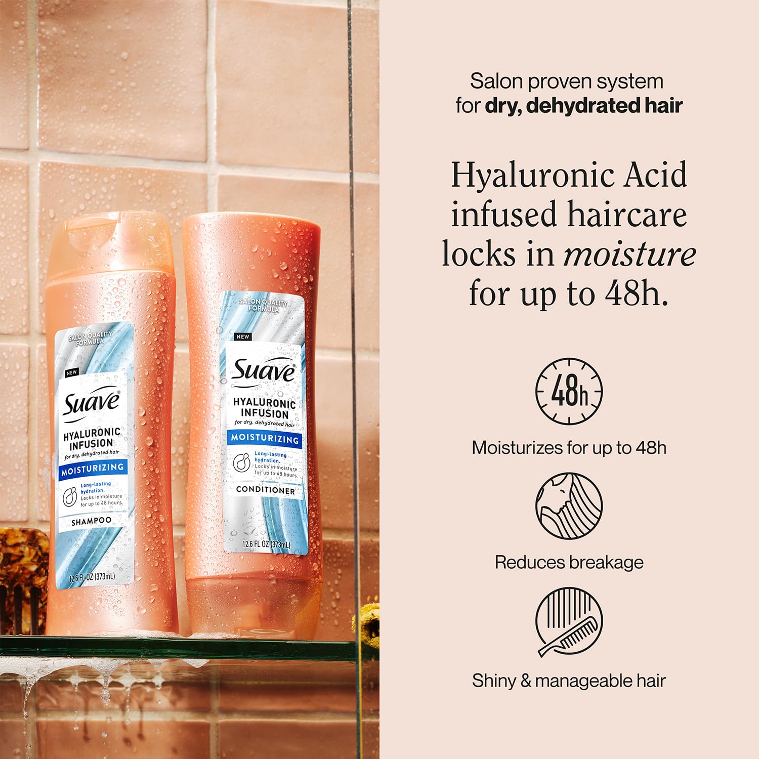 Close up of Suave Hyaluronic Infusion Shampoo lather highlighting smooth texture.