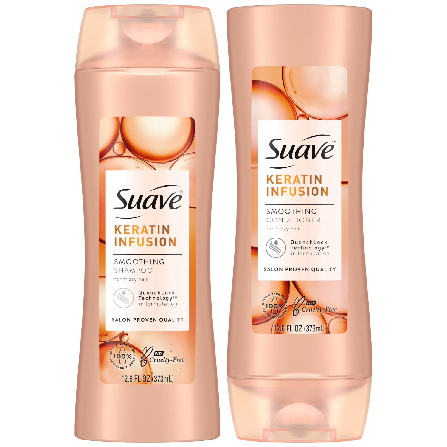 Suave Keratin Infusion Shampoo bottle pour delivers smooth frizz control