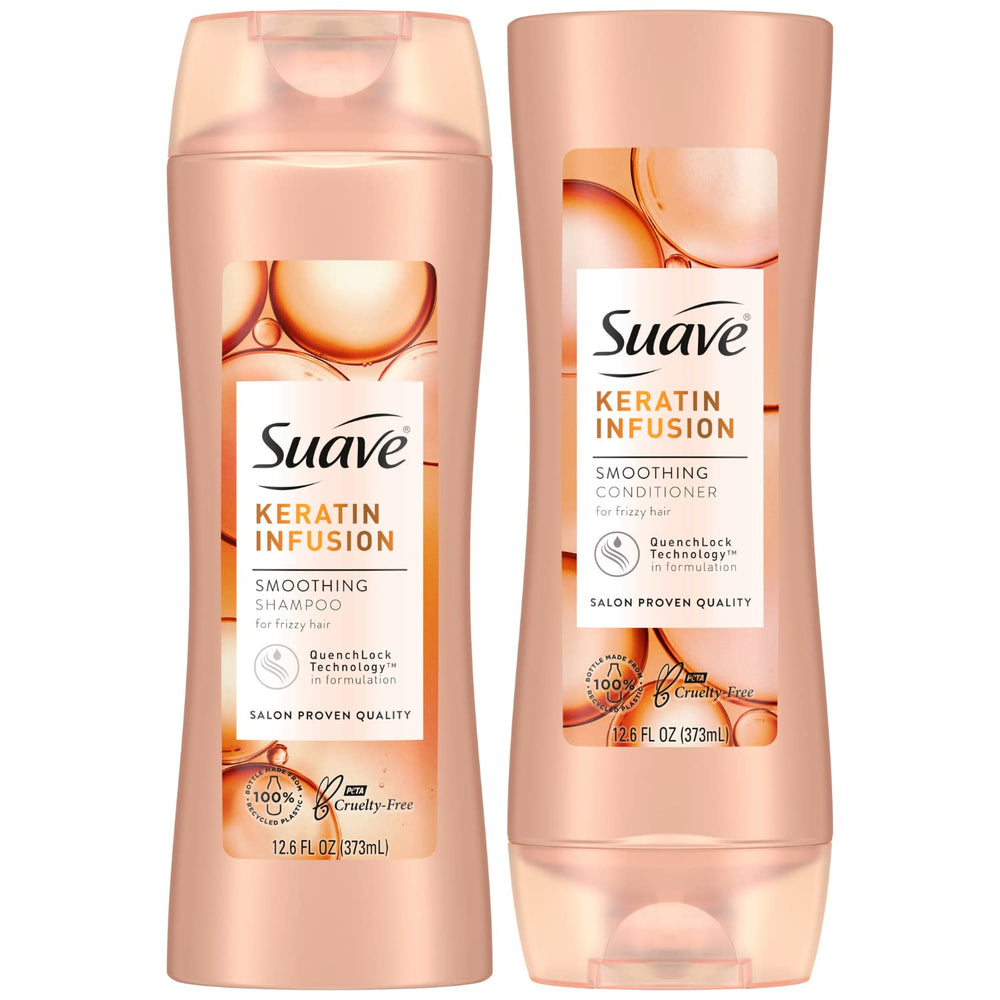 Suave Keratin Infusion Shampoo bottle pour delivers smooth frizz control