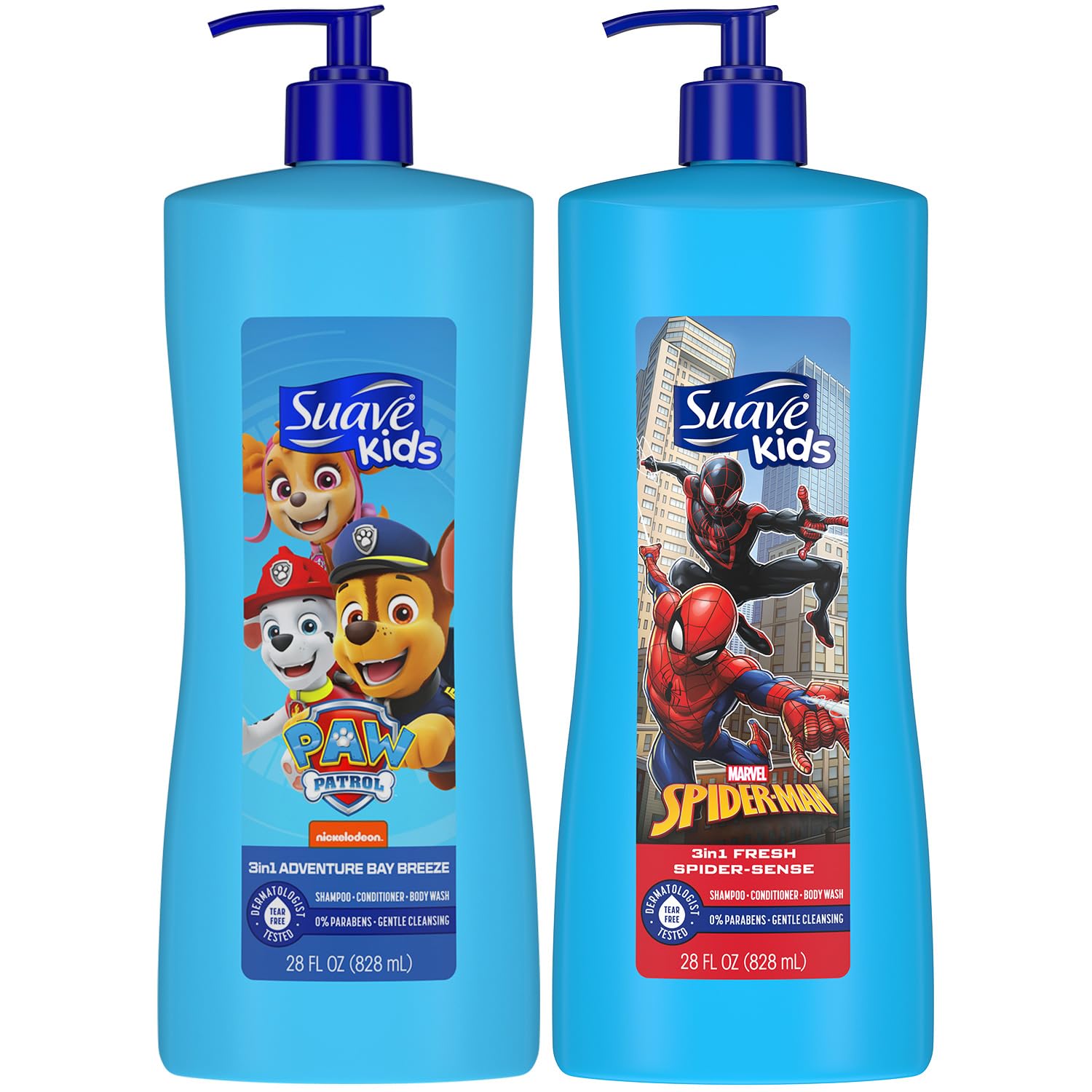 Suave Kids 3-in-1 Spiderman Spider-Sense bottle promotes gentle all-in-one cleansing.
