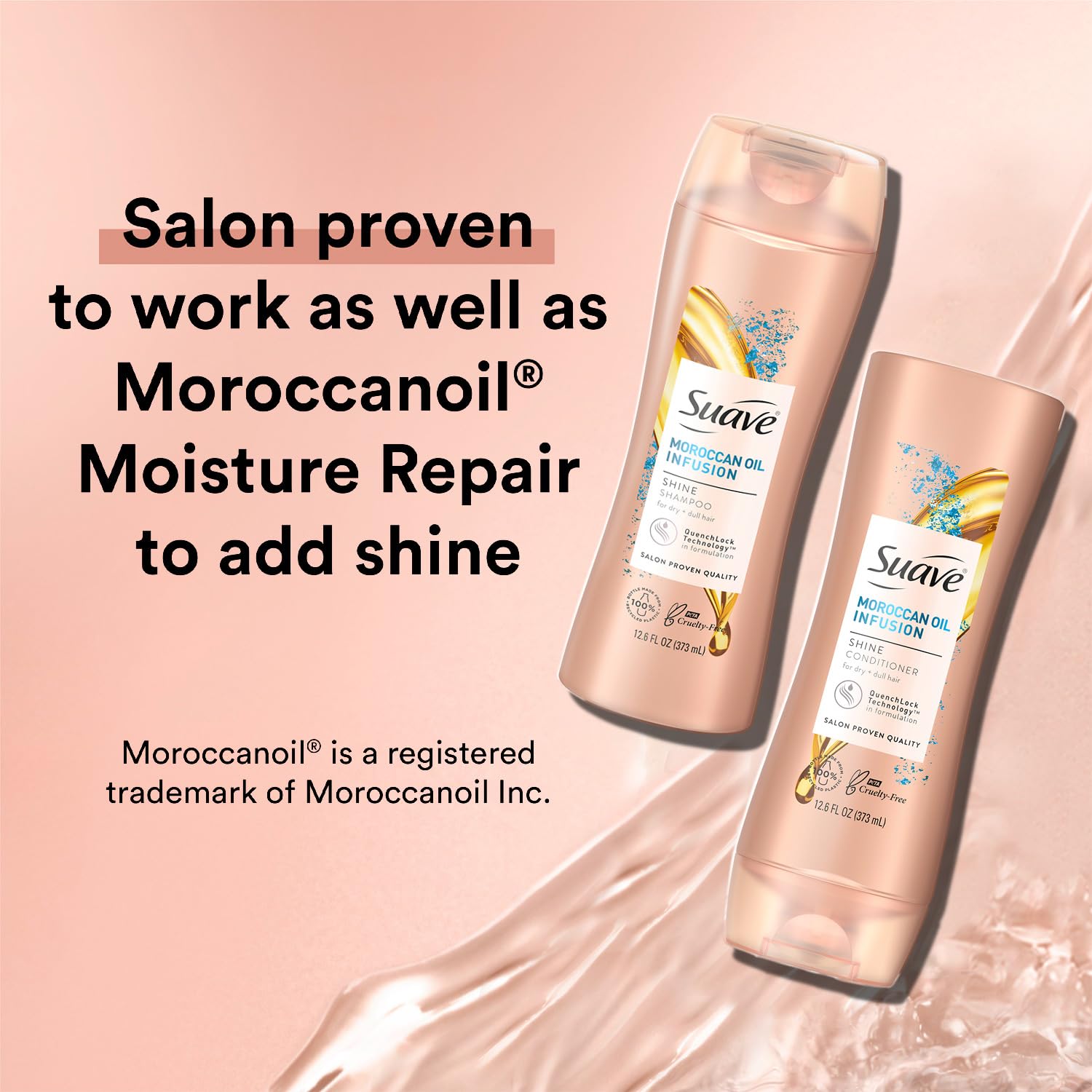 Suave Moroccan Oil Infusion Conditioner bottle delivers detangled, silky strands after wash.
