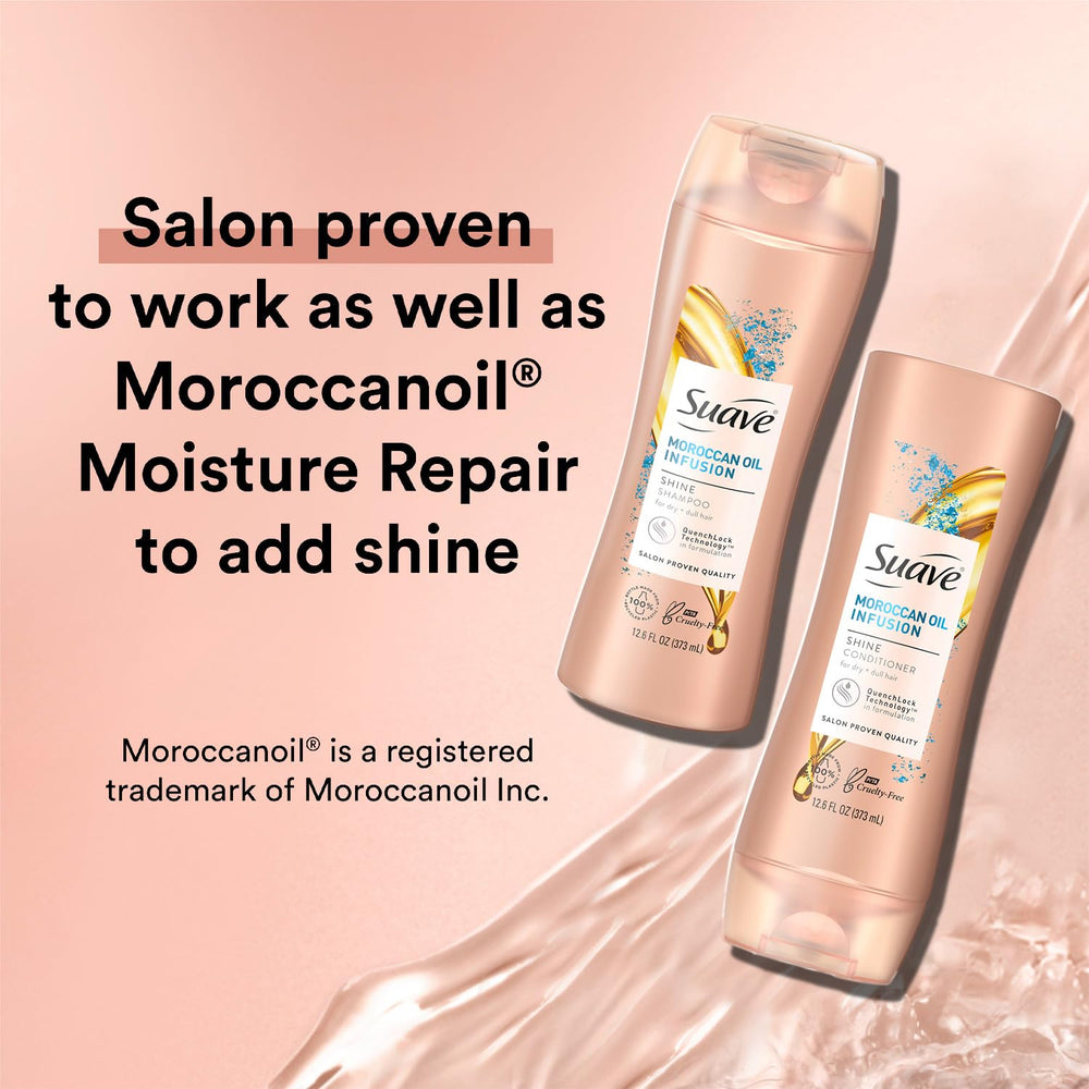 Suave Moroccan Oil Infusion Conditioner bottle delivers detangled, silky strands after wash.
