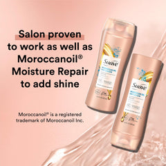 Suave Moroccan Oil Infusion Conditioner bottle delivers detangled, silky strands after wash.