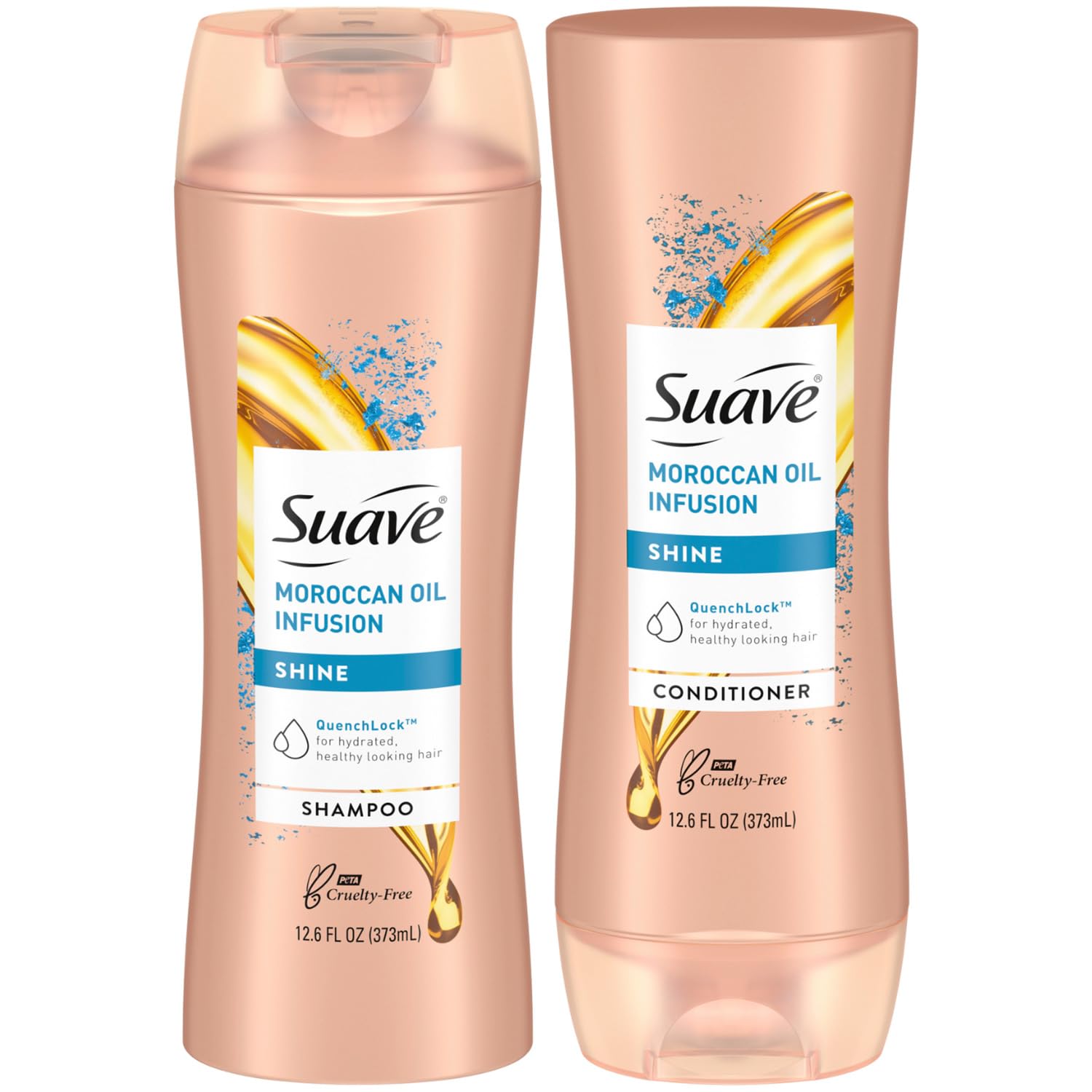 Suave Moroccan Oil Infusion Shampoo bottle adds instant shine and smooths frizz potential.