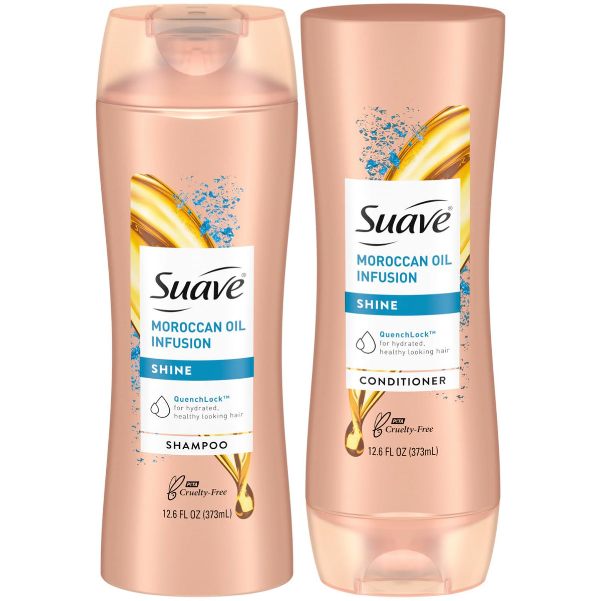 Suave Moroccan Oil Infusion Shampoo bottle adds instant shine and smooths frizz potential.