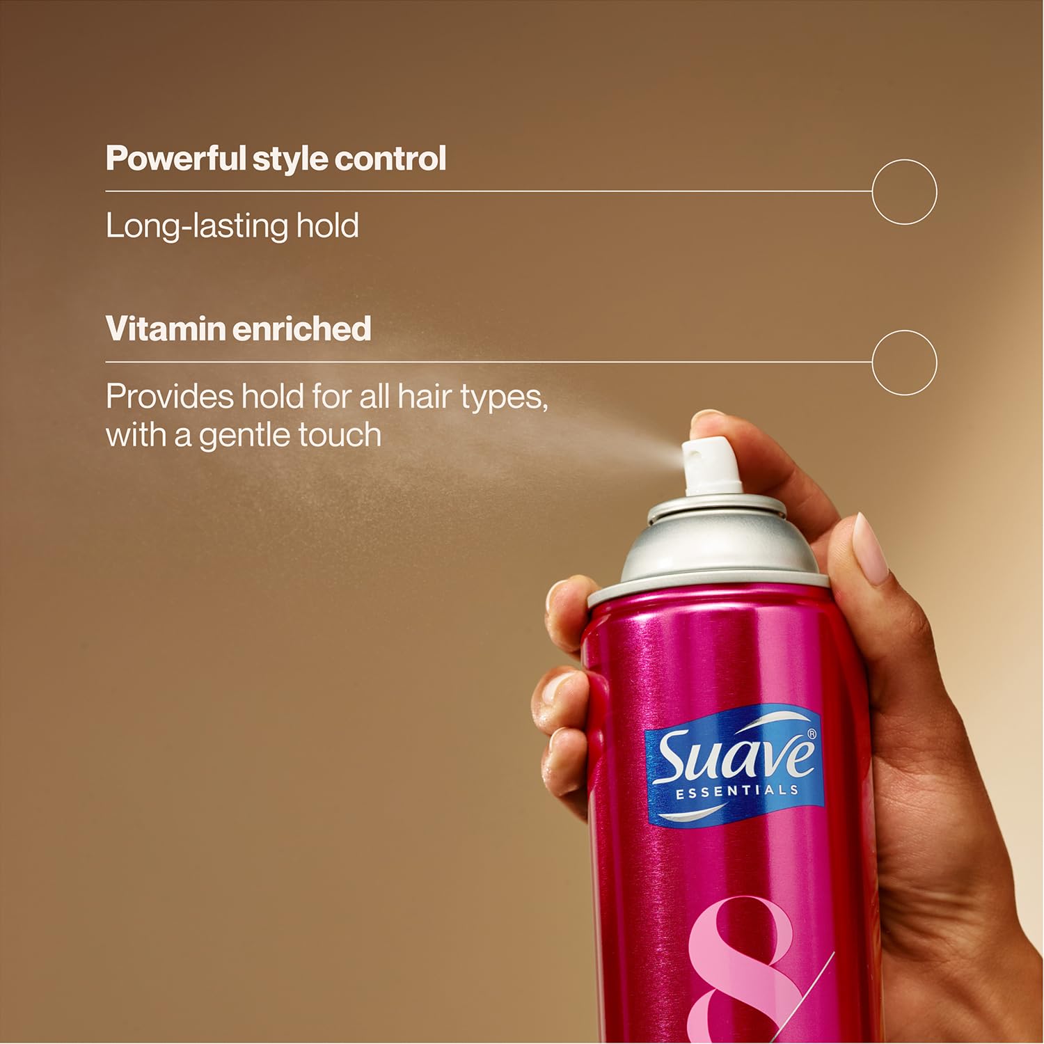 Suave Plus Hairspray frizz-control spray in motion for sleek finish.