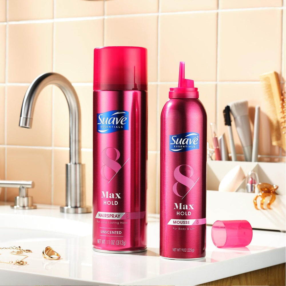 Suave Plus Hairspray scented can closeup showing flexible hold and fragrance.