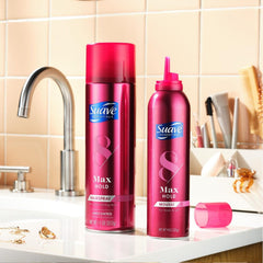 Suave Plus Hairspray scented can closeup showing flexible hold and fragrance.
