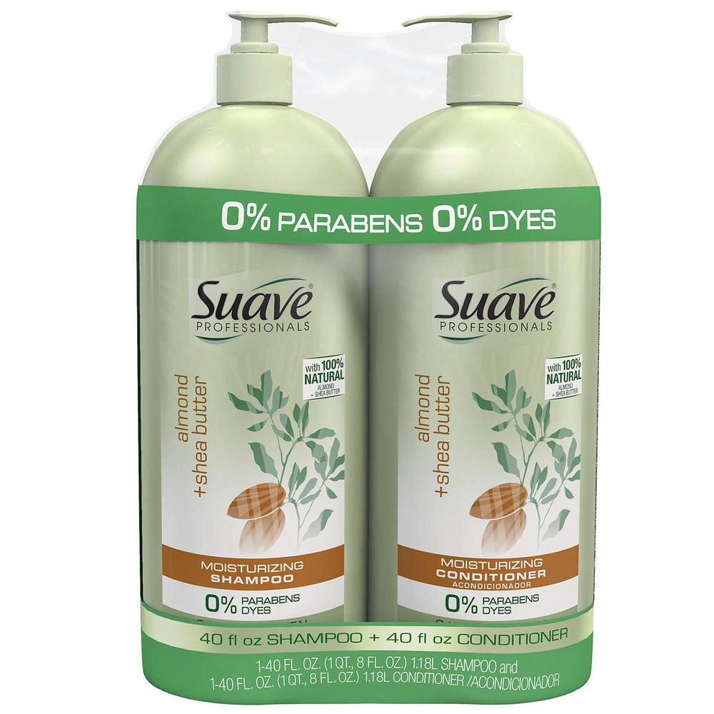 Suave Pro Almond & Shea Butter shampoo bottle delivering nourishing moisture for hair
