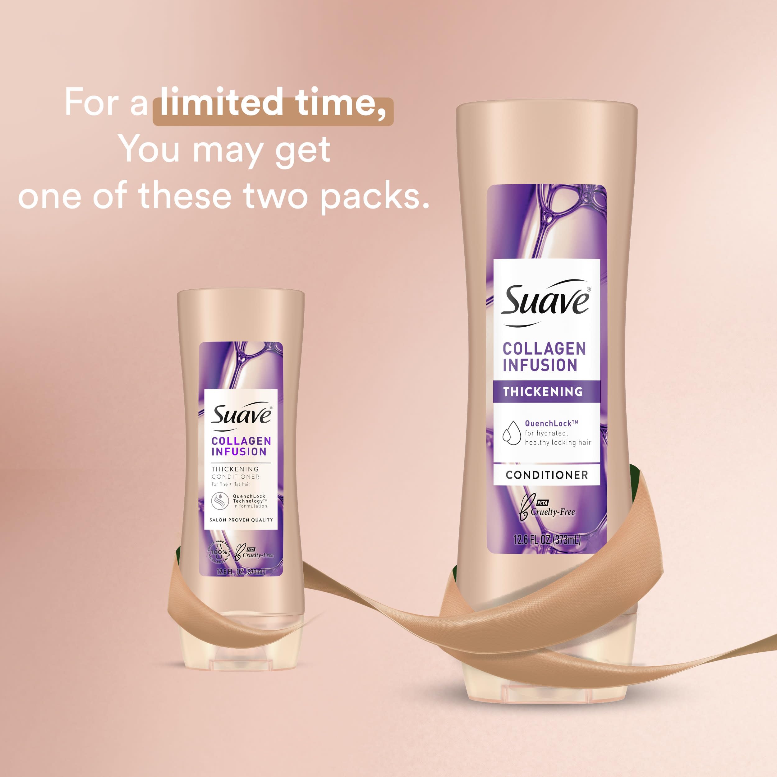 Suave Professionals Collagen Infusion Conditioner close-up shows healthy-looking, shiny strands.