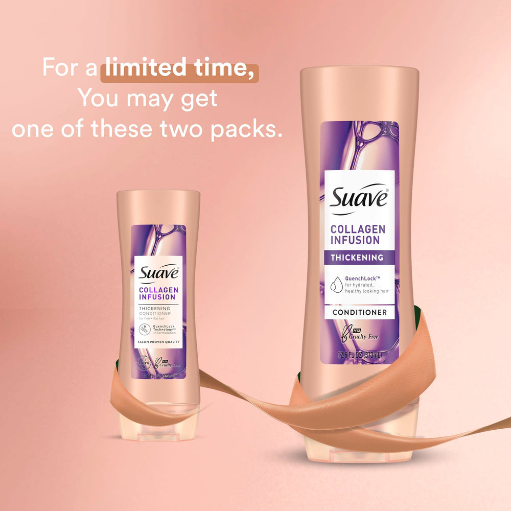 Suave Professionals Collagen Infusion Conditioner close-up shows healthy-looking, shiny strands.