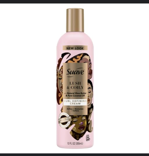 Suave Professionals curl cream bottle offers moisture and frizz control for natural waves and curls.